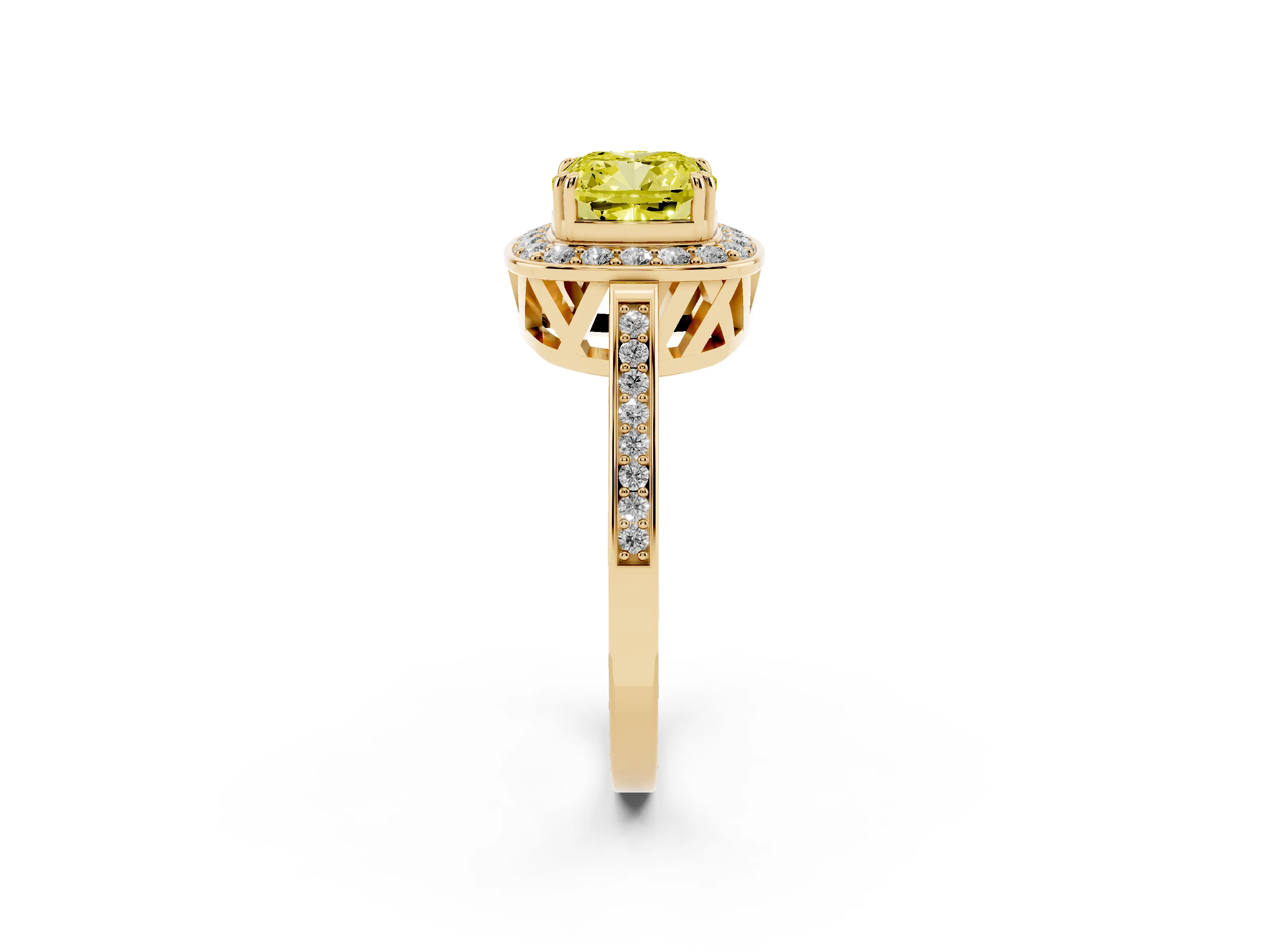 Fancy Yellow Cushion Cut Diamond Halo Ring Set in Yellow gold with Accent-Lined Split Shank and Prong Setting