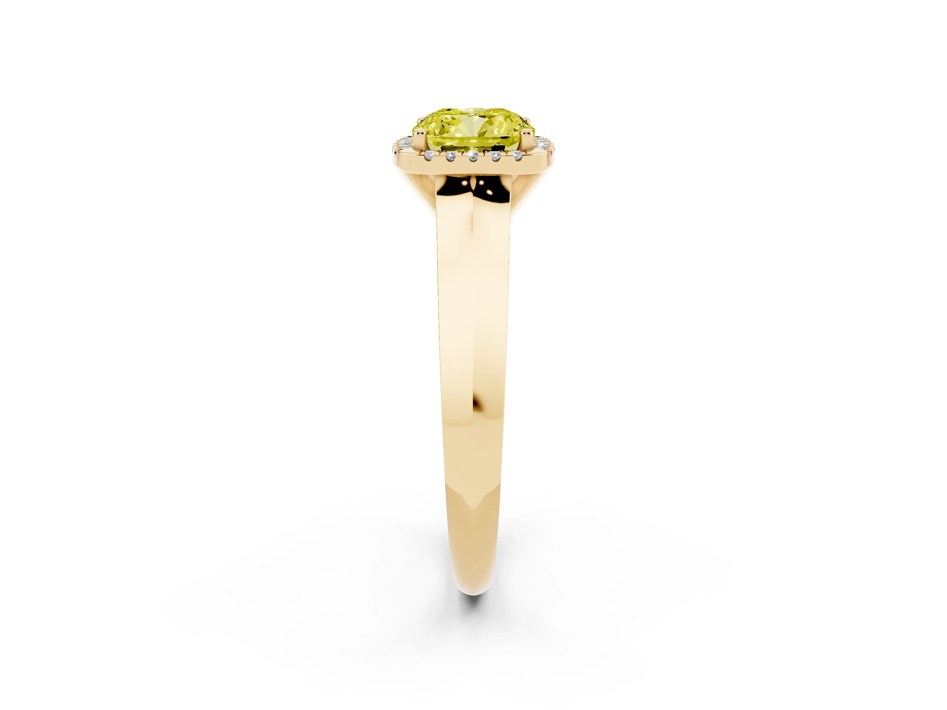 Fancy Yellow Cushion Cut Diamond Halo Ring Set in Yellow gold with Cathedral Band and Prong Setting