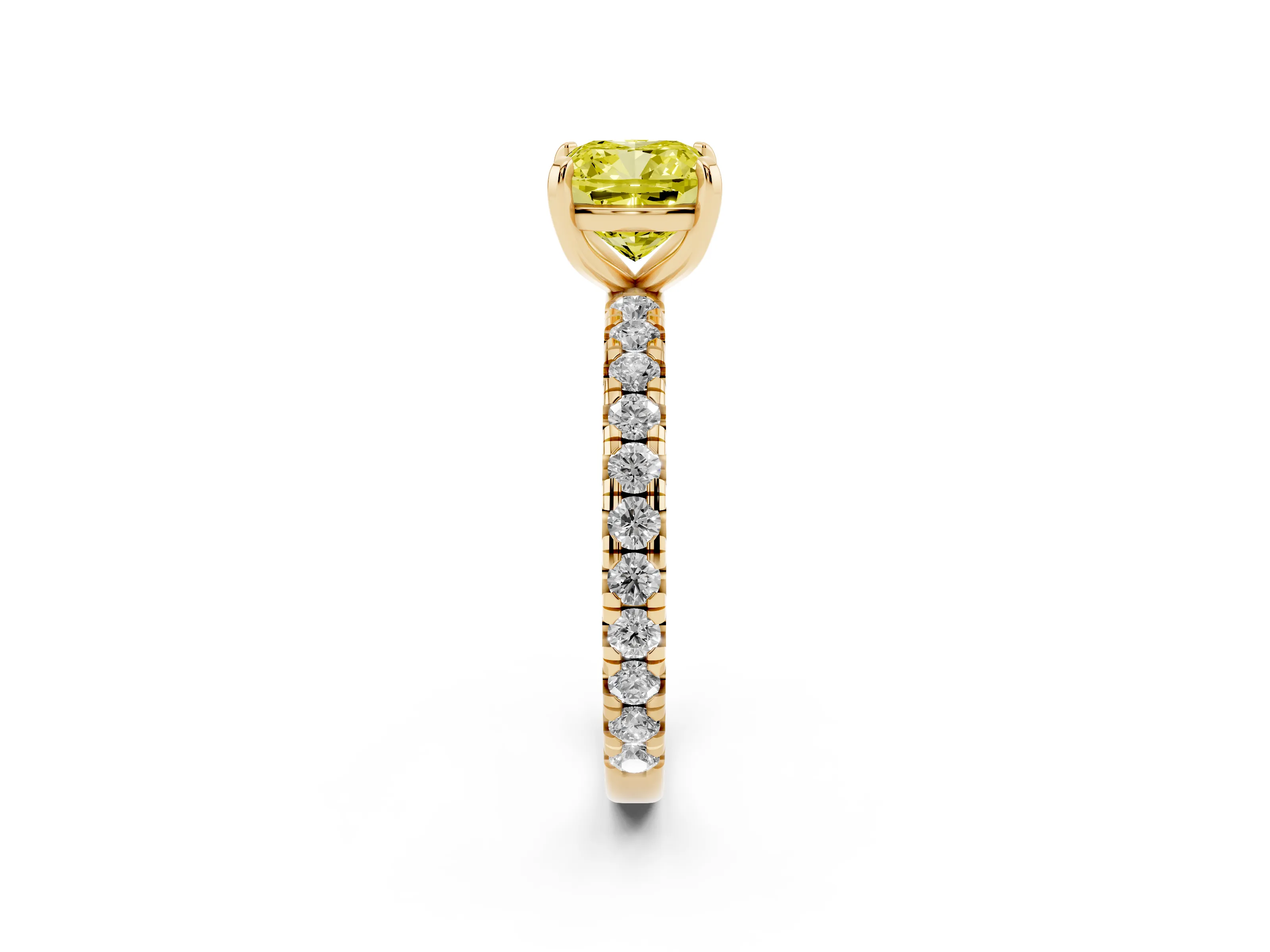 Fancy Yellow Cushion Cut Diamond Pavé Solitaire Ring Set in Yellow gold with Round Band and Prong Setting