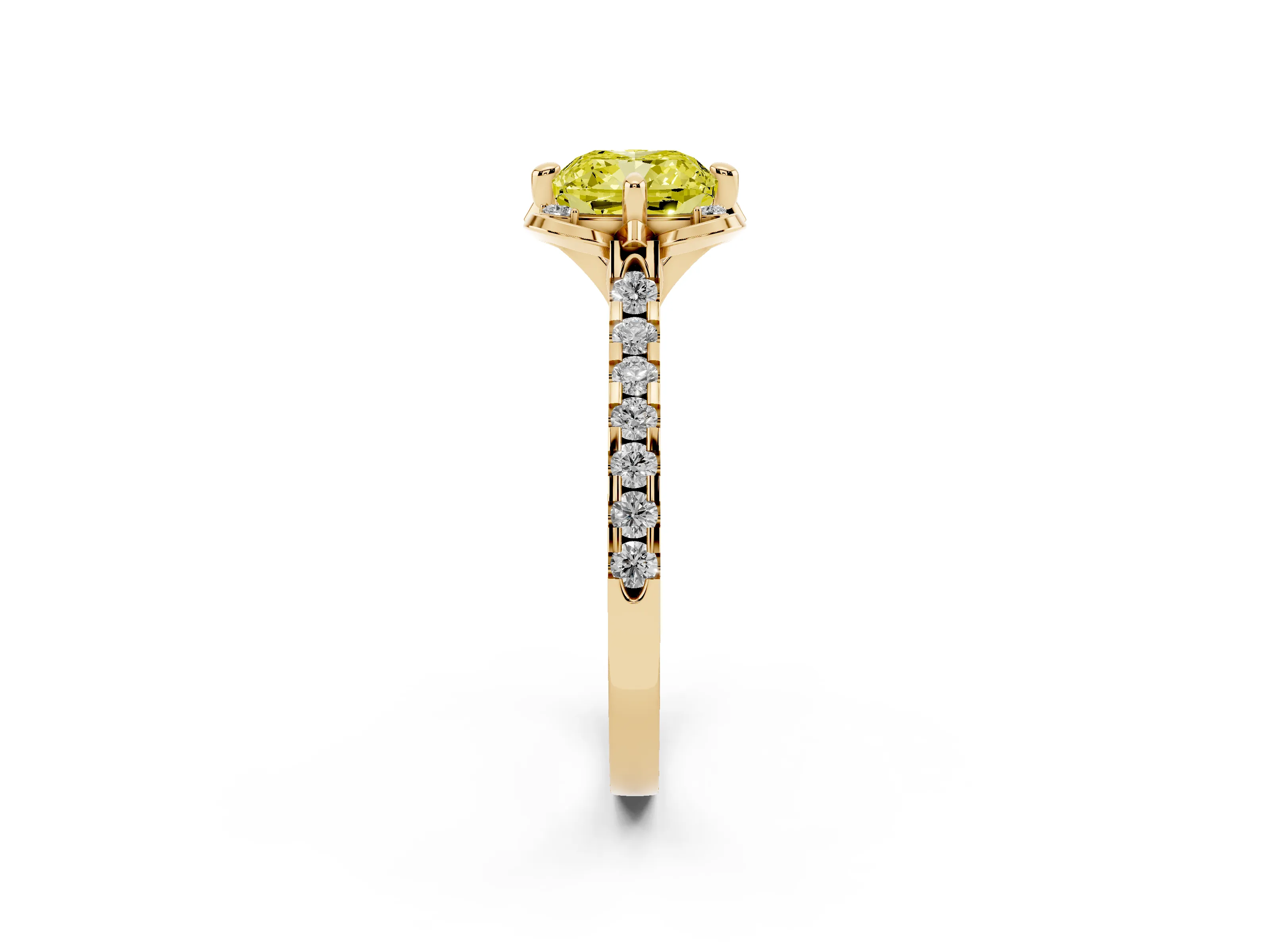 Fancy Yellow Cushion Cut Diamond Solitaire Ring Set in Yellow gold with Pavé Band and Floral Prong Setting