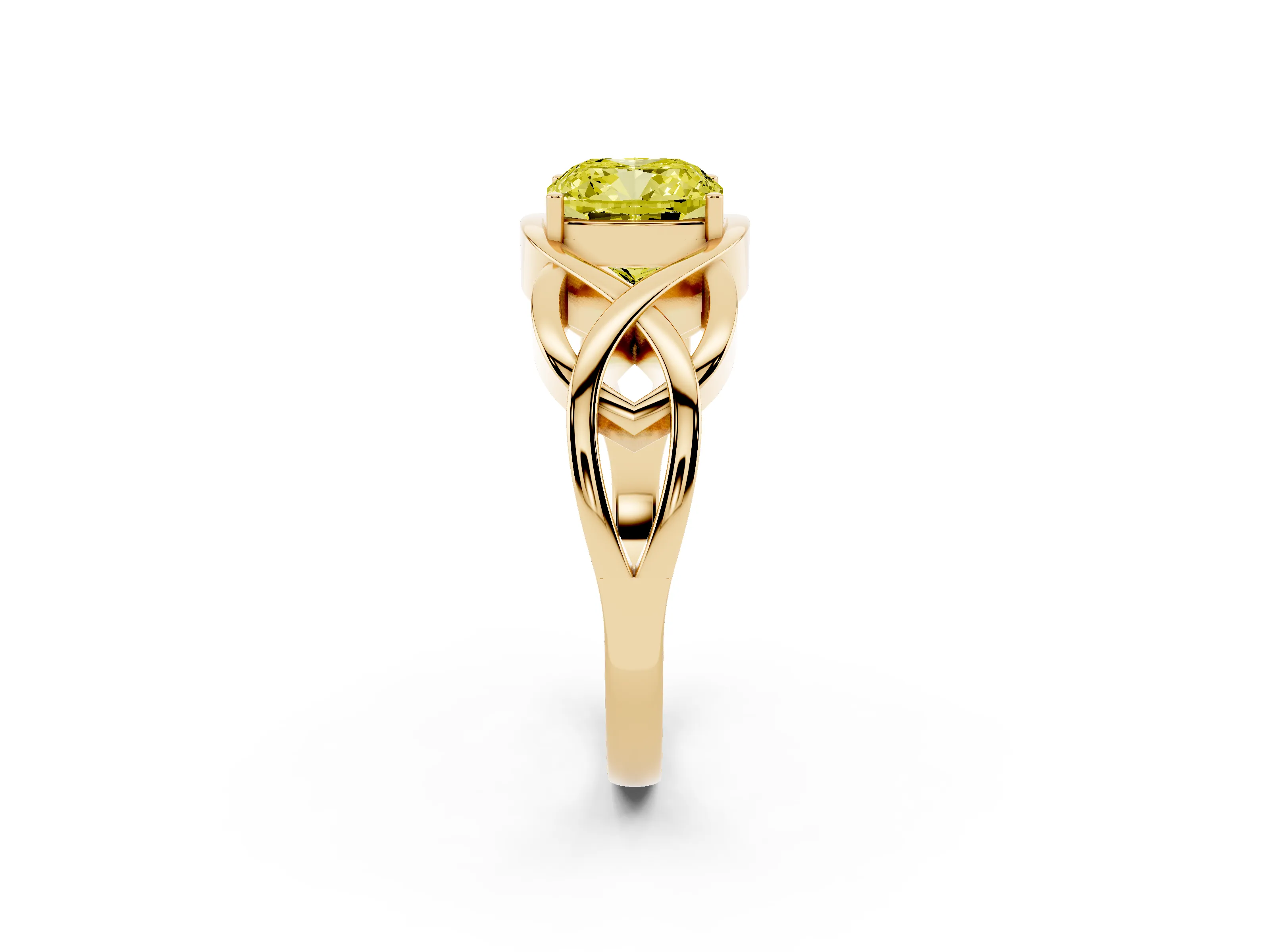 Fancy Yellow Cushion Cut Diamond Solitaire Ring Set in Yellow gold with Intertwined Band