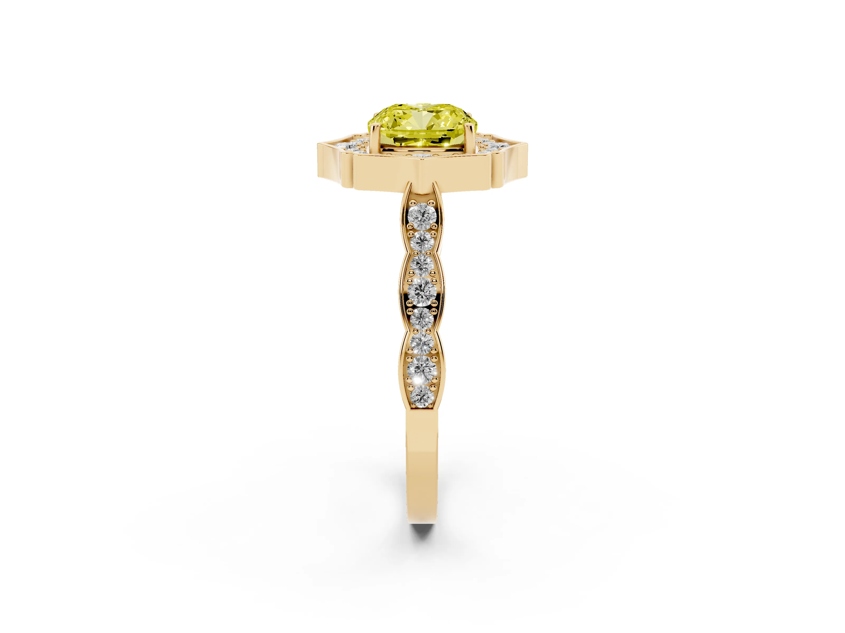 Fancy Yellow Cushion Cut Diamond Halo Engagement Ring Set in Yellow gold with Milgrain Band and Prong Setting
