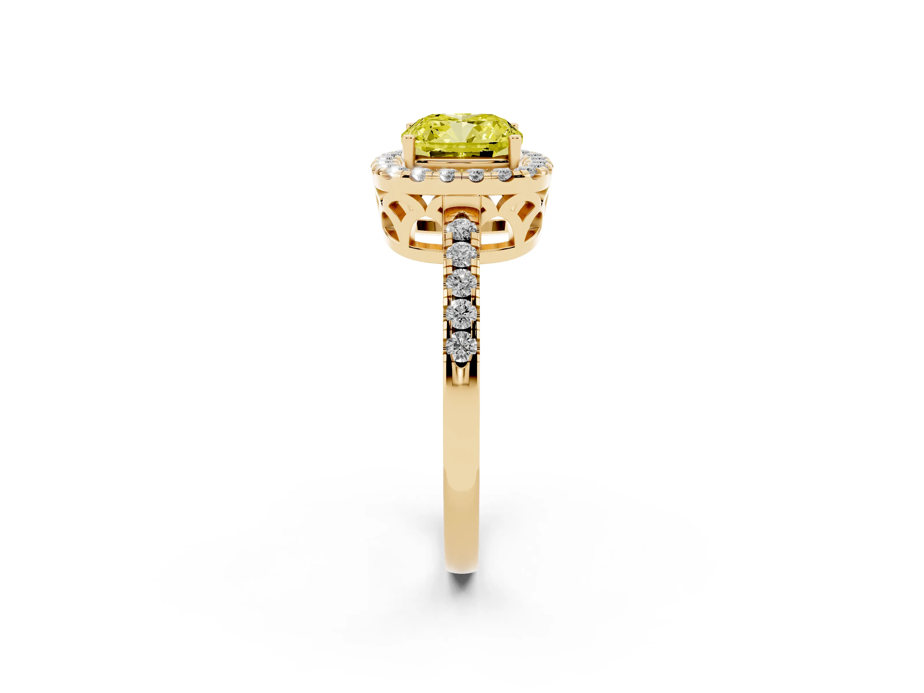 Fancy Yellow Cushion Cut Diamond Pavé Band Halo Engagement Ring Set in Yellow gold with Prong Setting