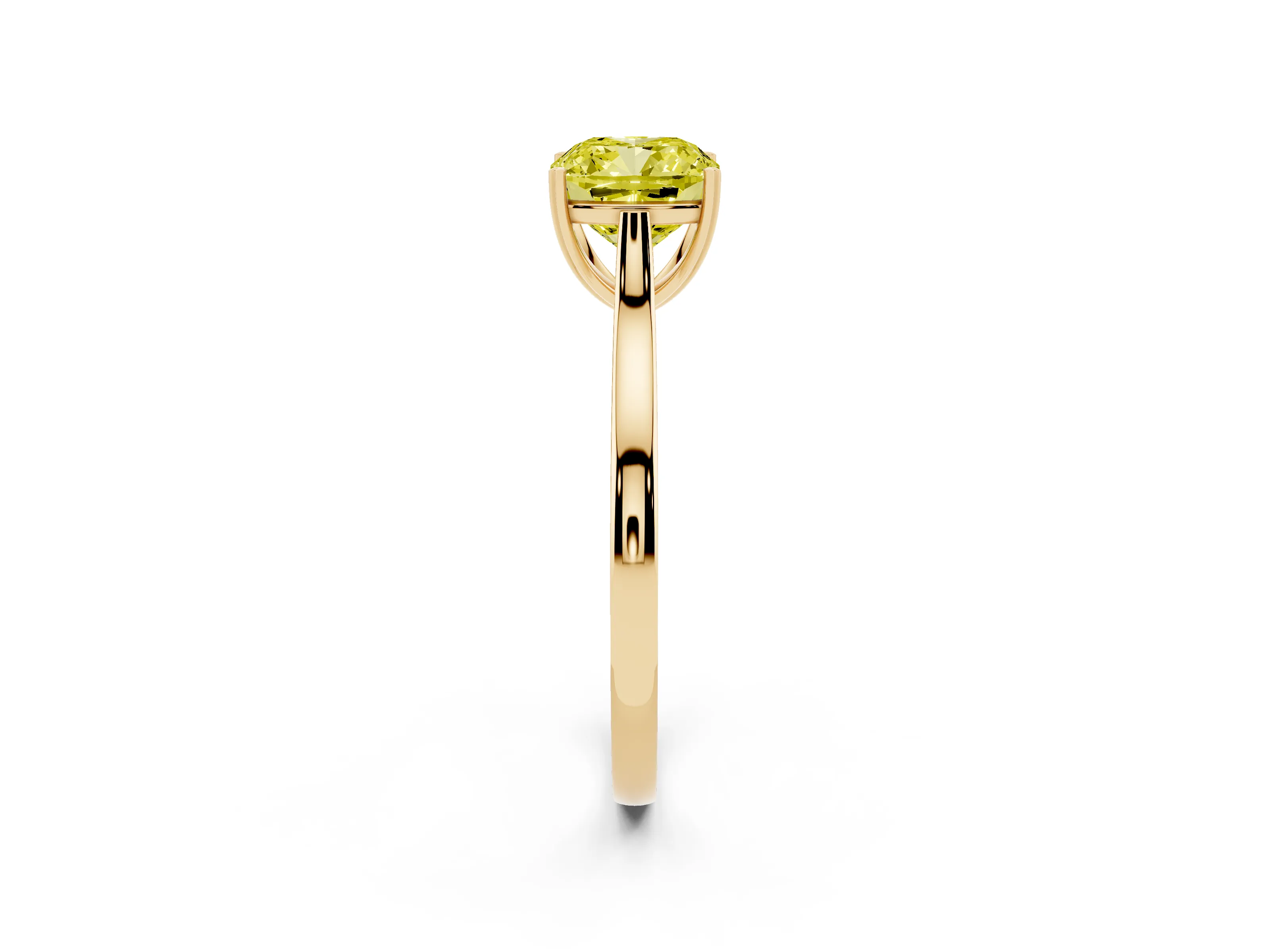 Fancy Yellow Cushion Cut Diamond Solitaire Heart Prong Engagement Ring Set in Yellow gold with Tapered Band