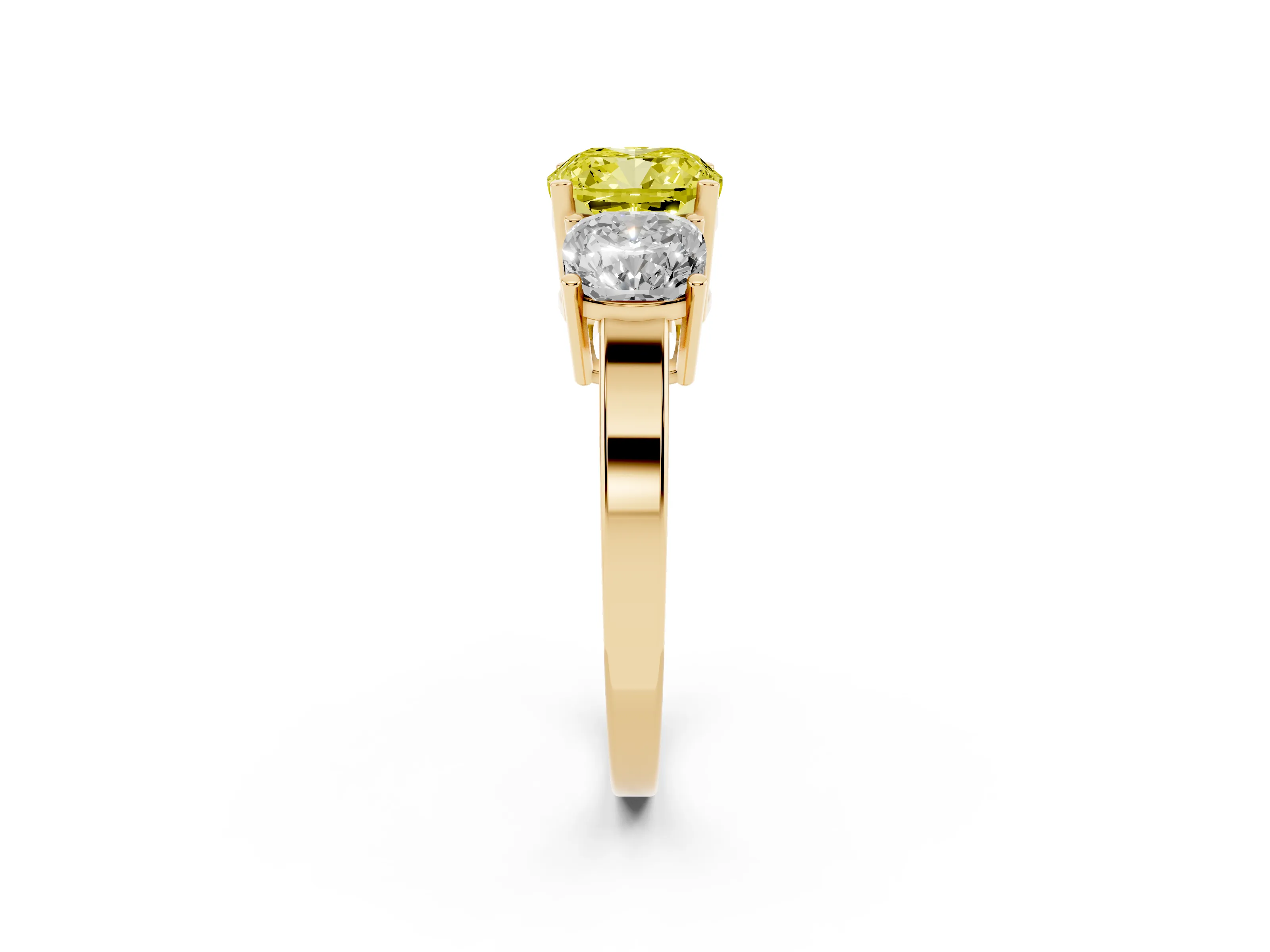Fancy Yellow Cushion Cut Diamond Three-Stone Engagement Ring Set in Yellow gold with Flat Band