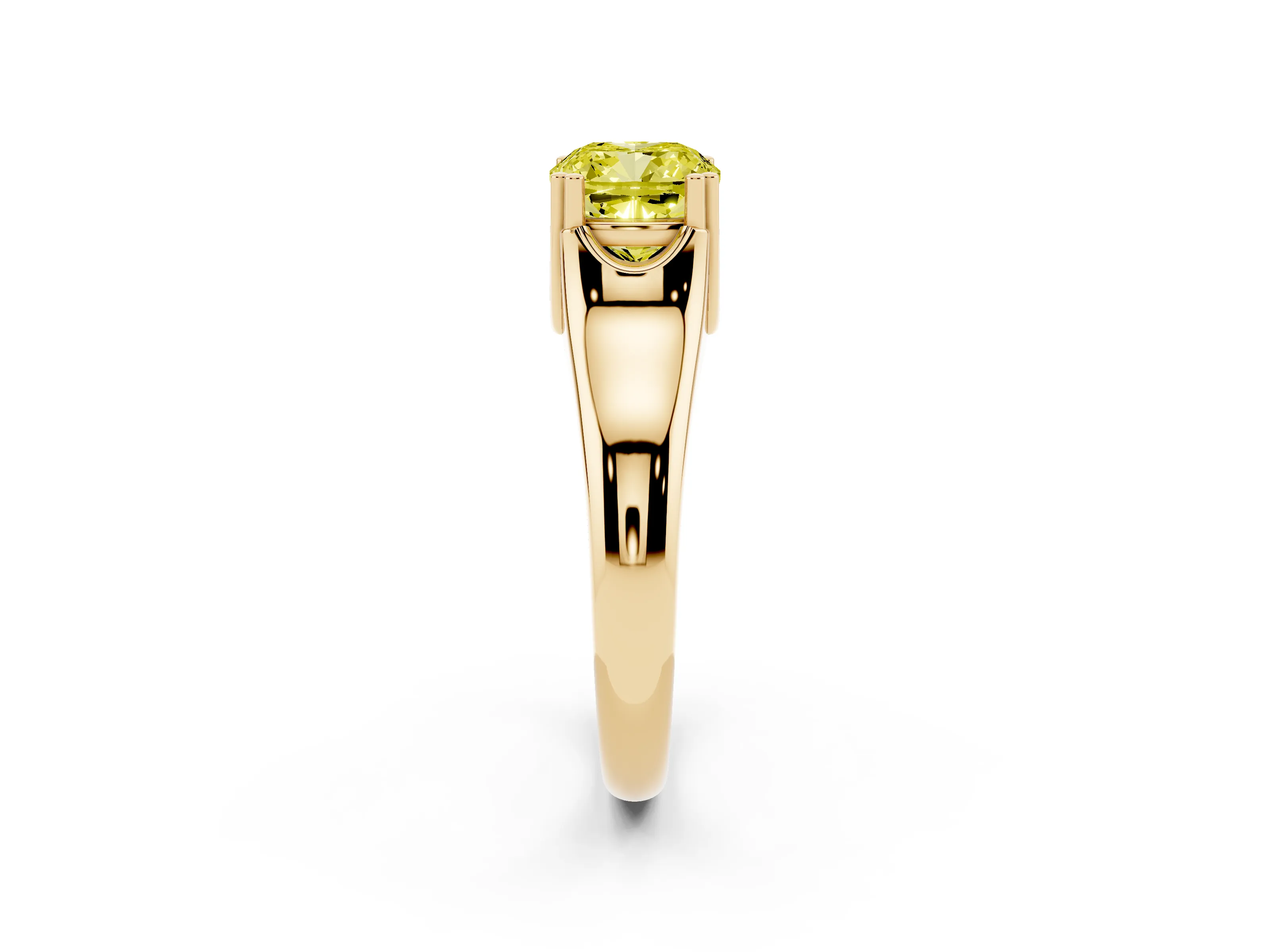 Fancy Yellow Cushion Cut Diamond Solitaire Ring Set in Yellow gold with Wide Band and Prong Setting