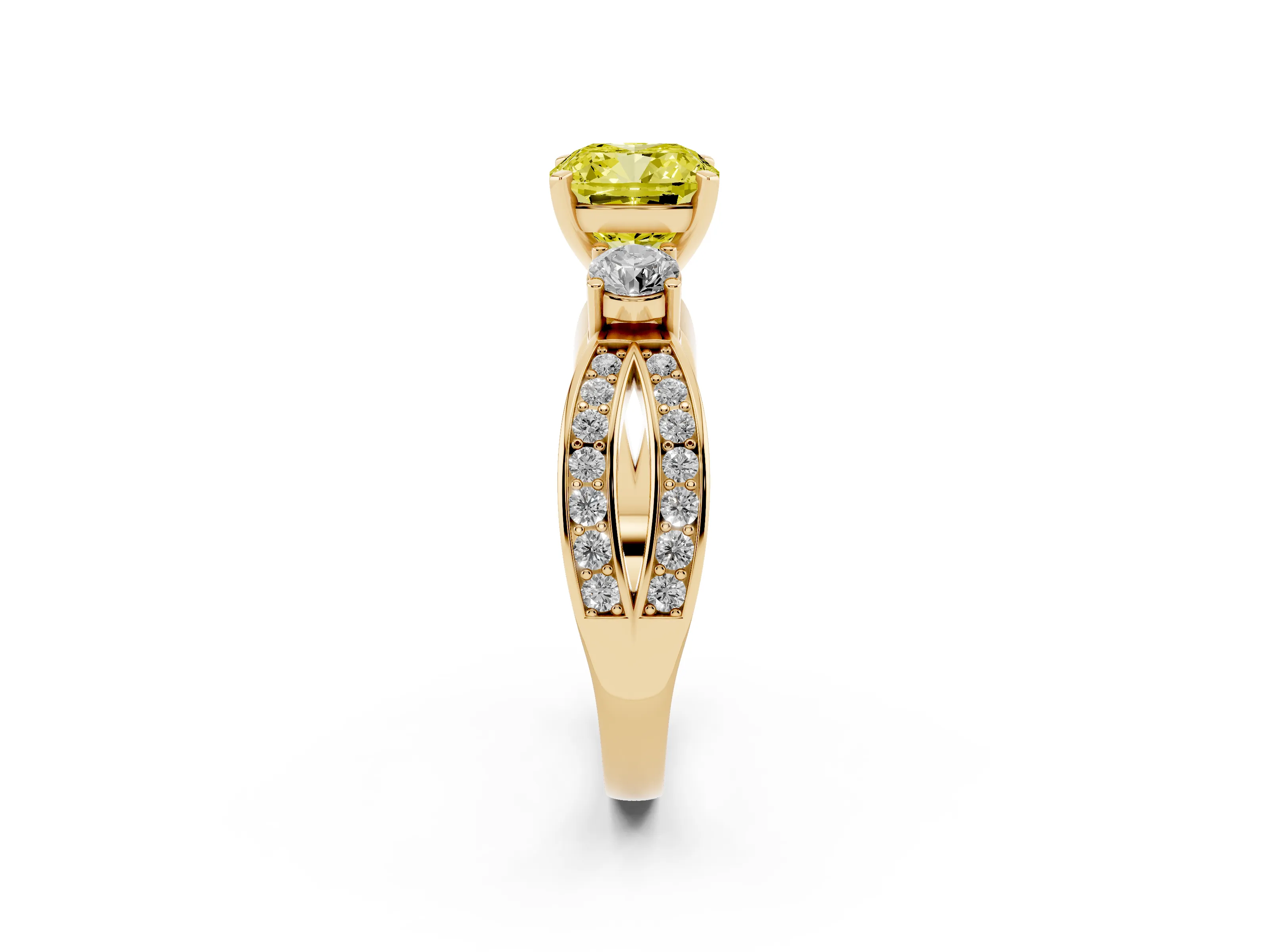 Fancy Yellow Three-Stone Cushion Cut Diamond Twist Band Ring Set in Yellow gold with Pavé Accents and Prong Setting