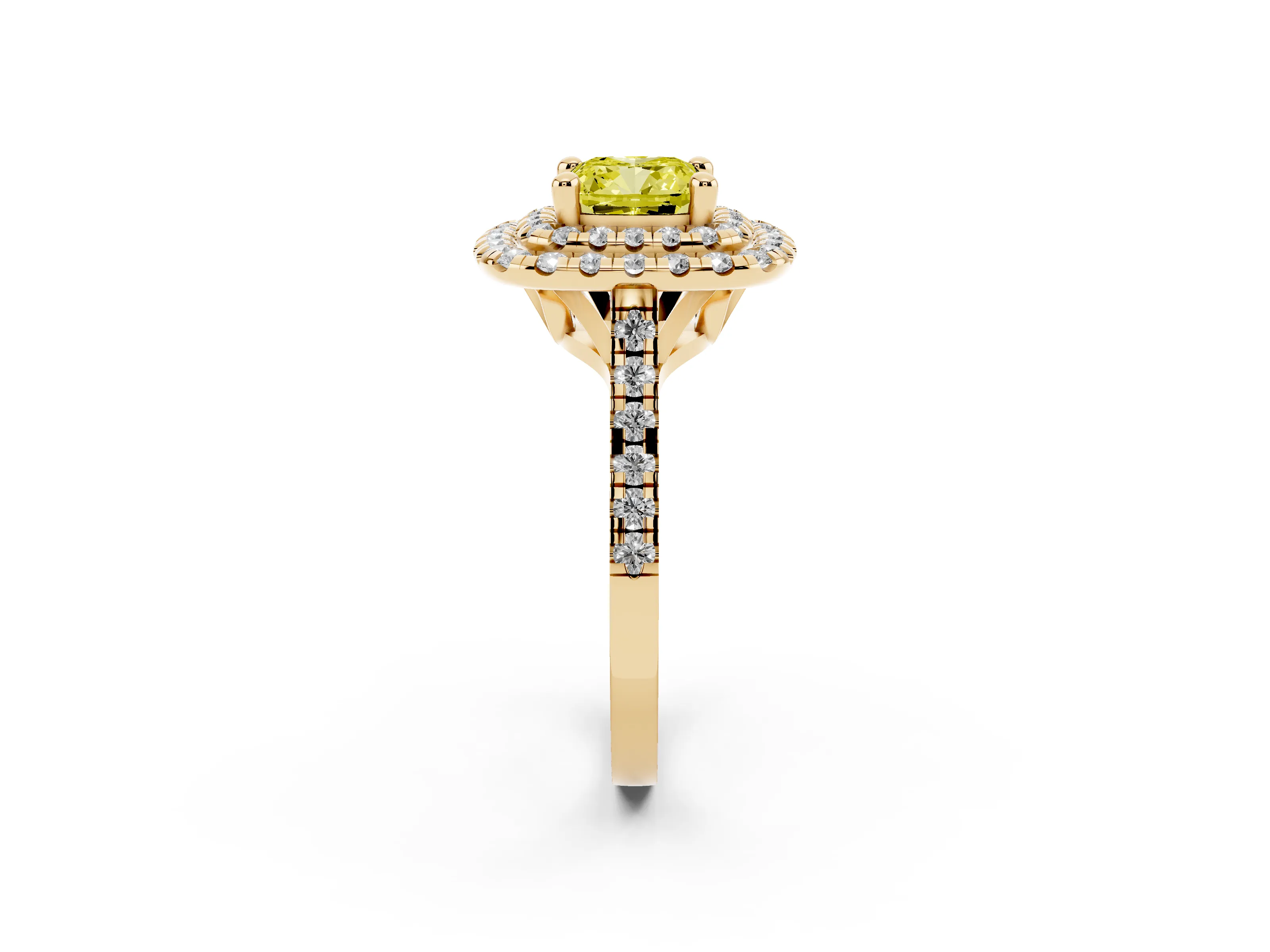 Fancy Yellow Cushion Cut Diamond Double Halo Statement Ring Set in Yellow gold with Pavé Band