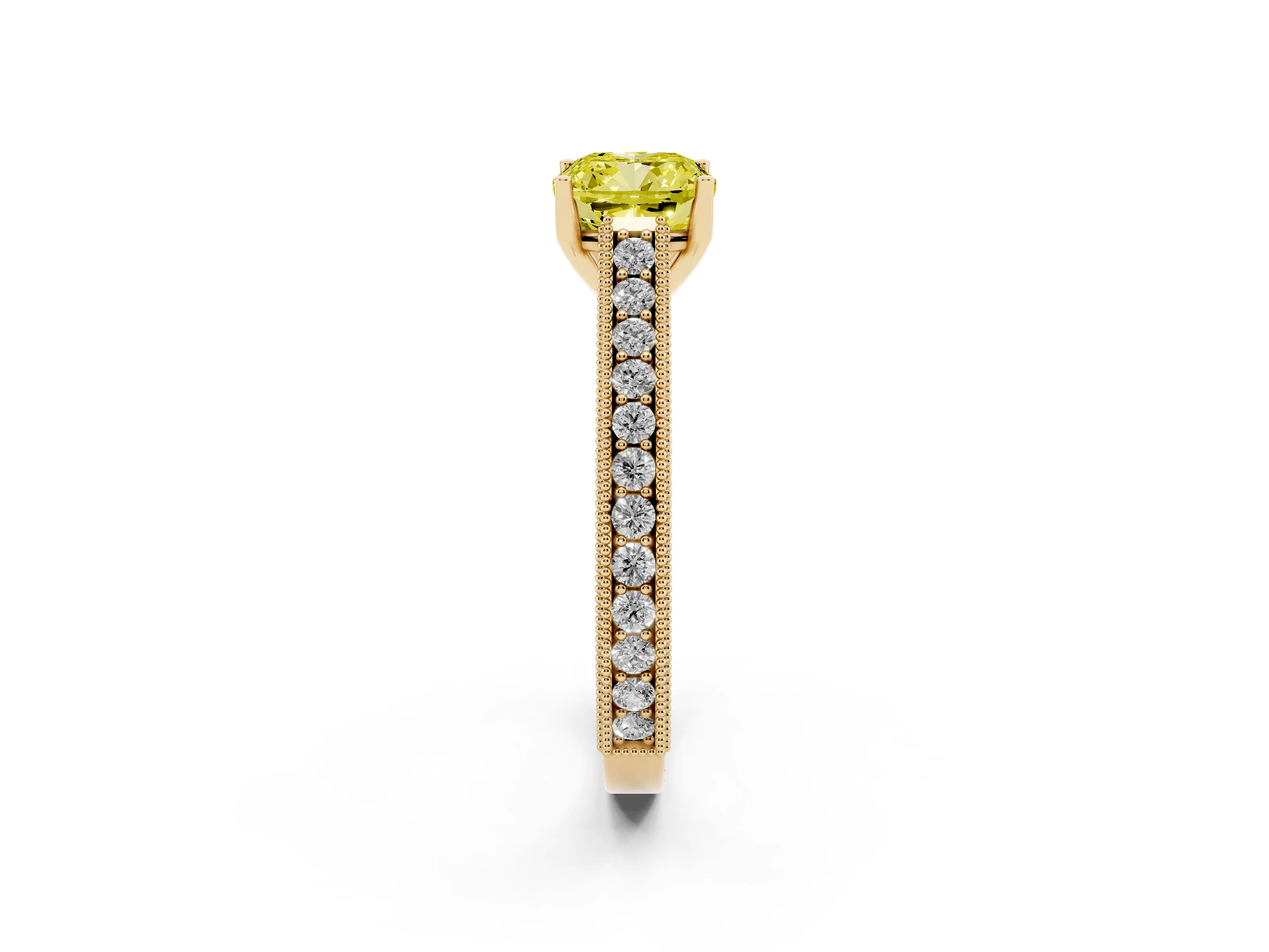 Fancy Yellow Cushion Cut Diamond Milgrain Pavé Band Solitaire Ring Set in Yellow gold with Prong Setting