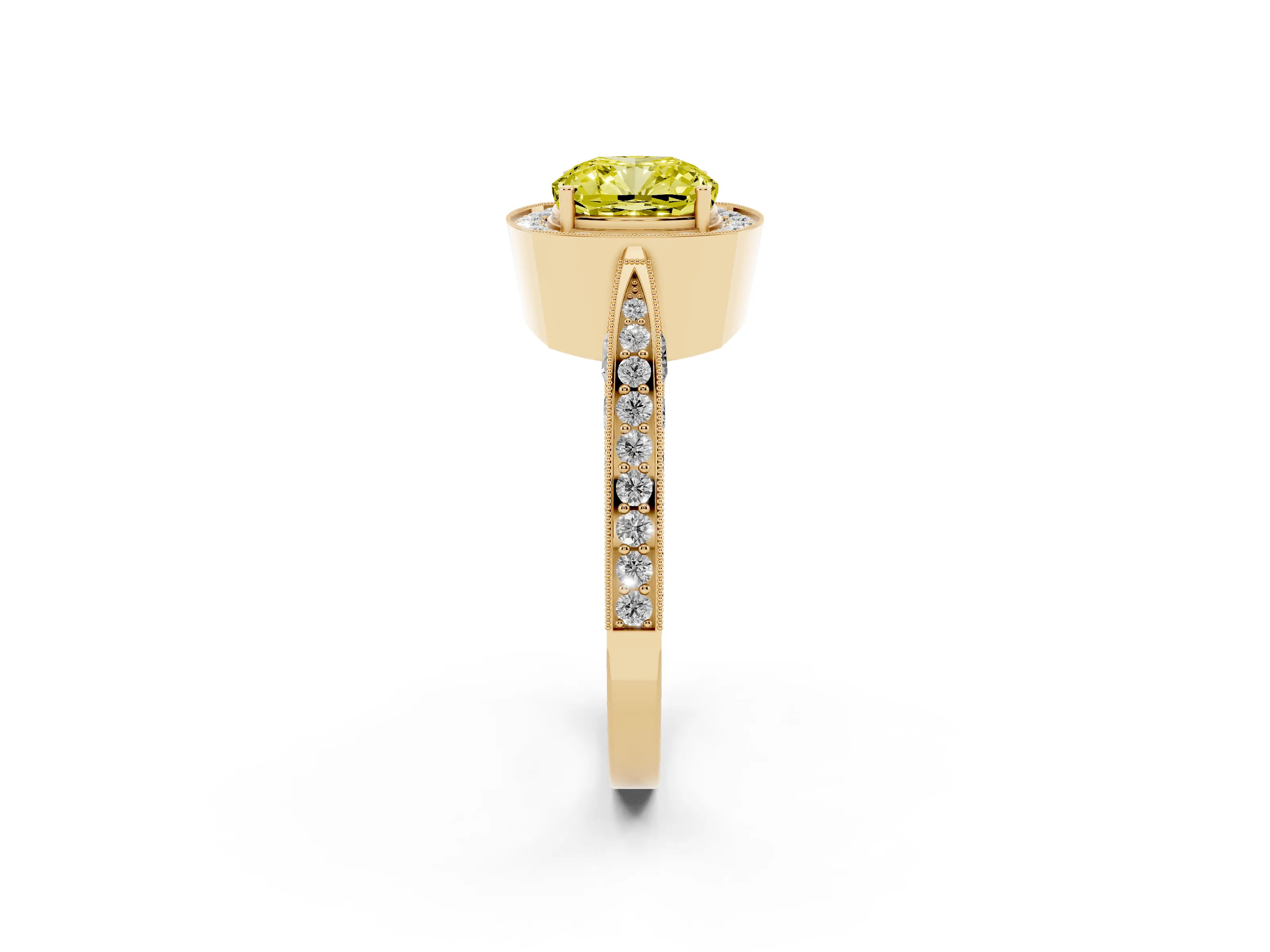 Fancy Yellow Cushion Cut Diamond Halo Engagement Ring Set in Yellow gold with Accent Split Shank Band