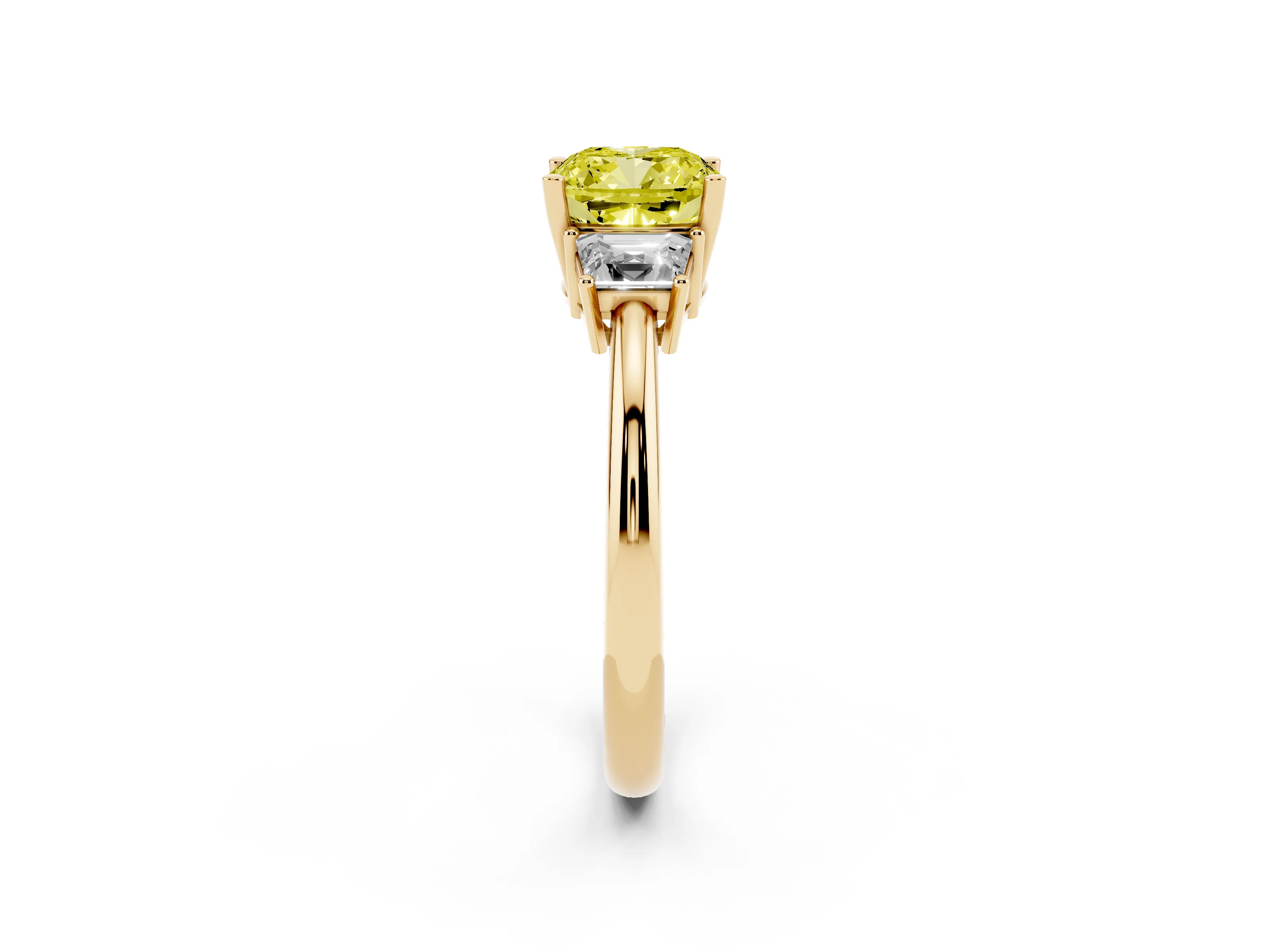 Fancy Yellow Cushion Cut Diamond Three-Stone Ring Set in Yellow gold with Trapezoid Side Stones and Prong Setting