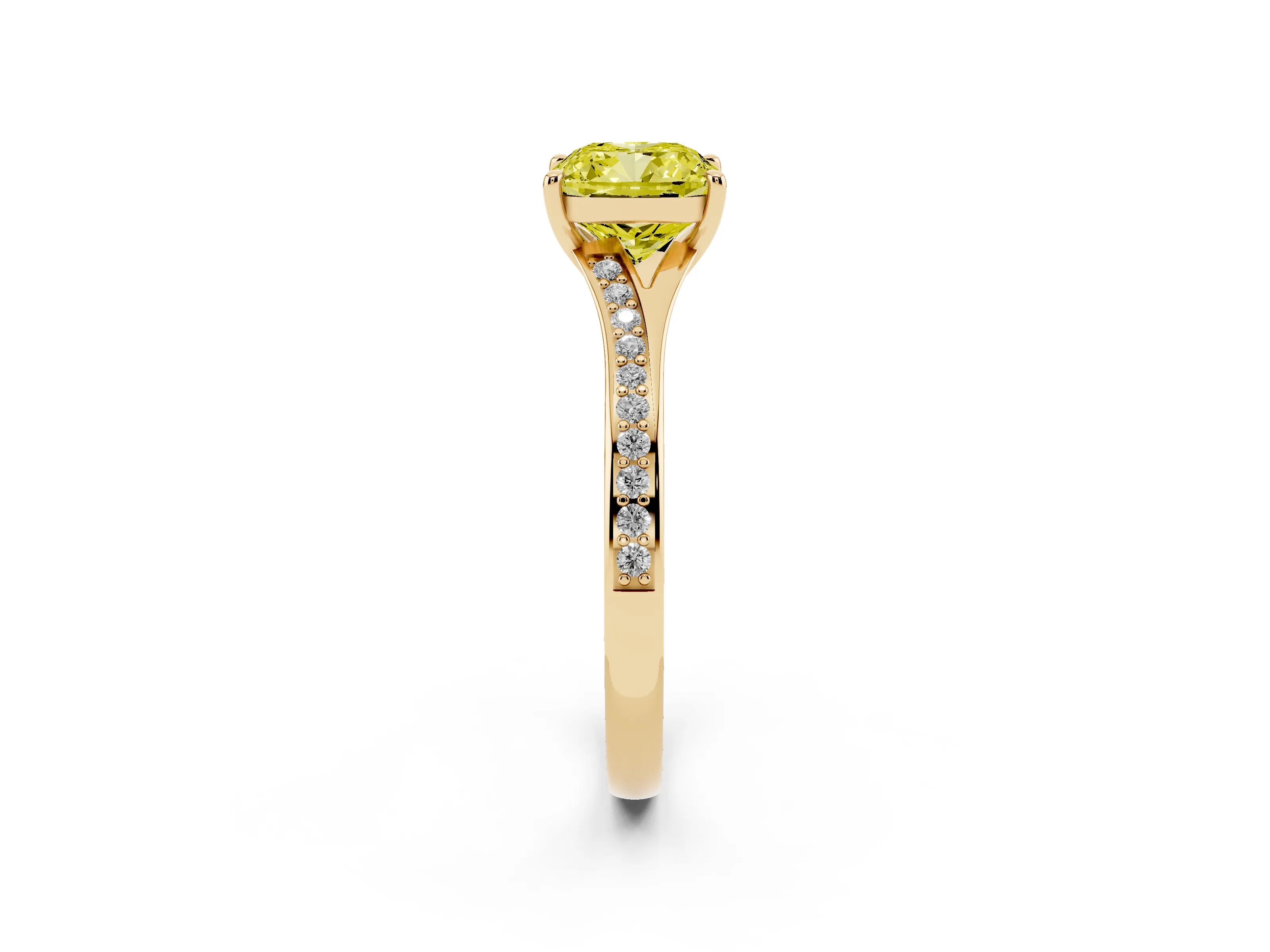 Fancy Yellow Cushion Cut Diamond Solitaire Ring Set in Yellow gold with Pavé Accent Band and Classic Prong Setting