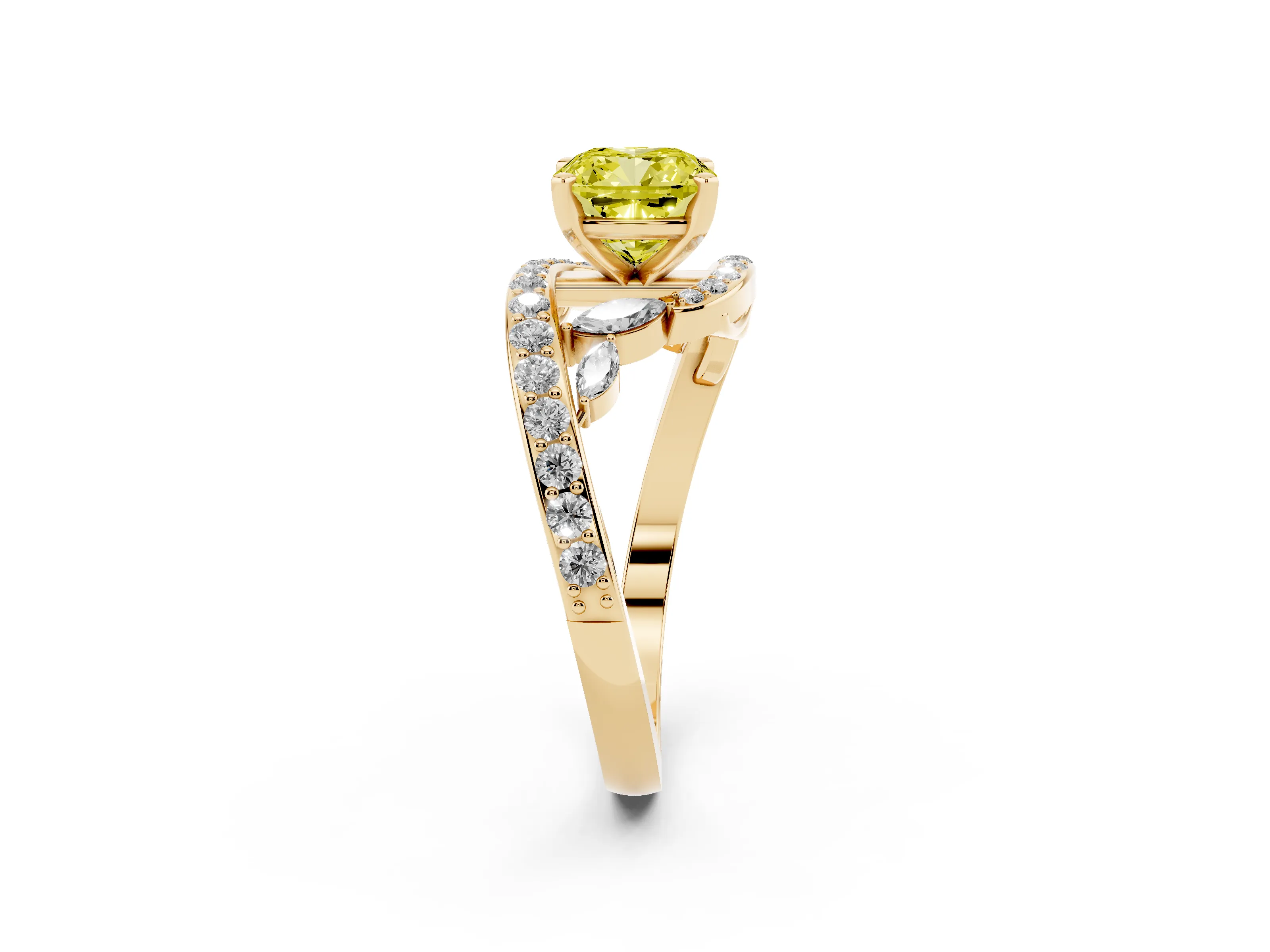 Fancy Yellow Cushion Cut Diamond Solitaire Ring Set in Yellow gold with Filigree Band and Prong Setting
