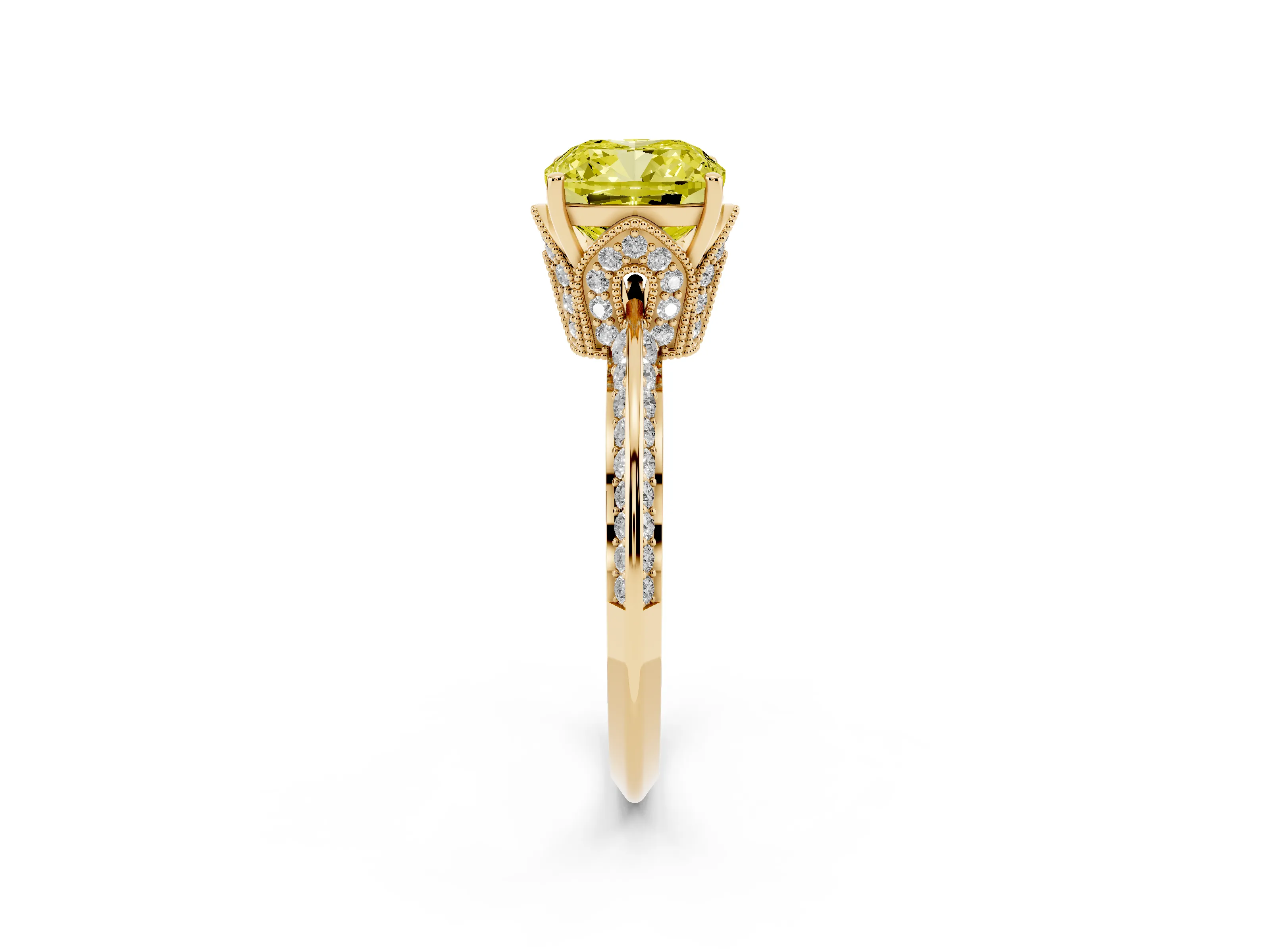Fancy Yellow Cushion Cut Diamond Solitaire Engagement Ring Set in Yellow gold with Pavé Split Shank and Prong Setting