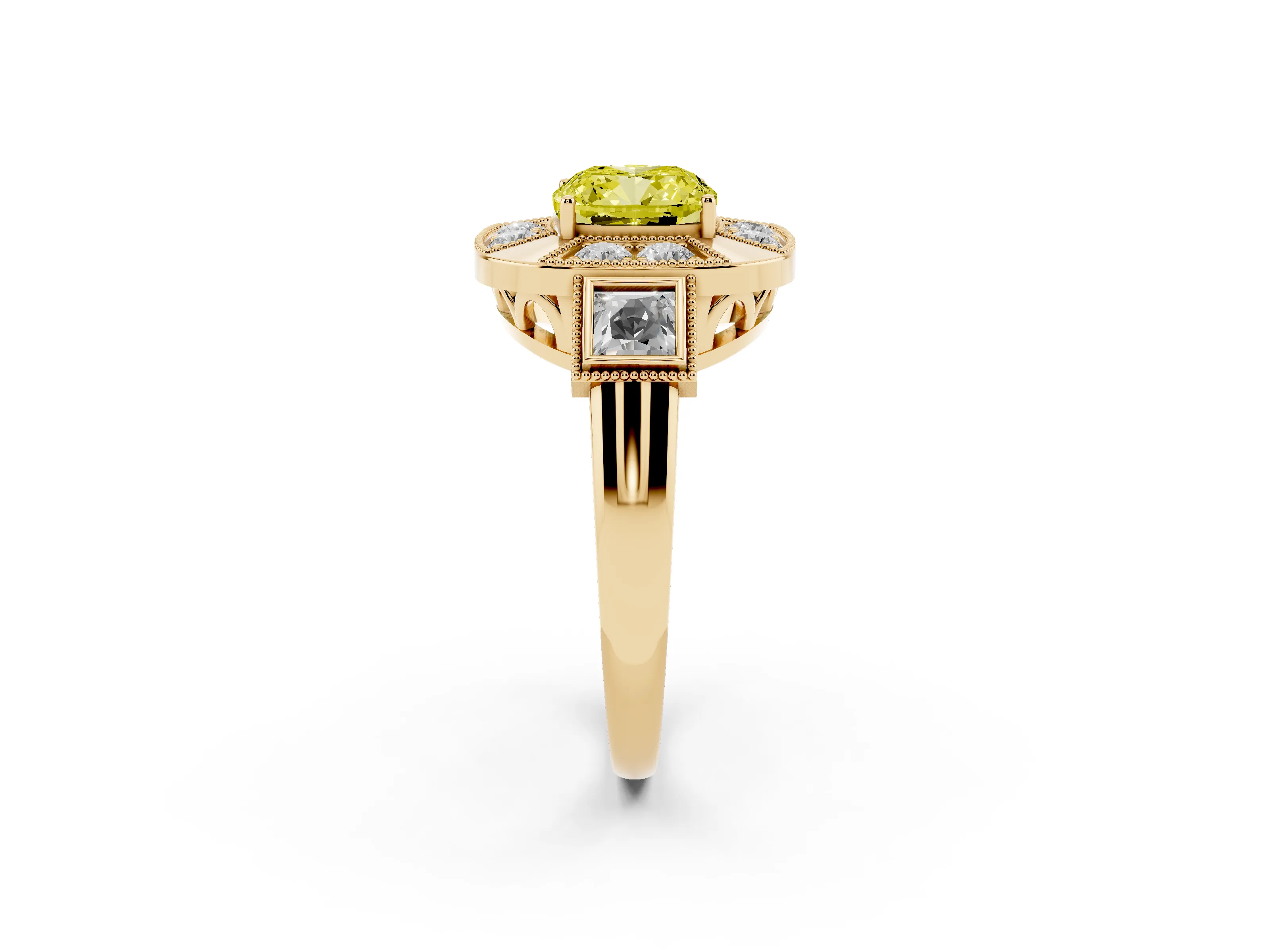 Fancy Yellow Cushion Cut Diamond Milgrain Halo Ring Set in Yellow gold with Split Shank