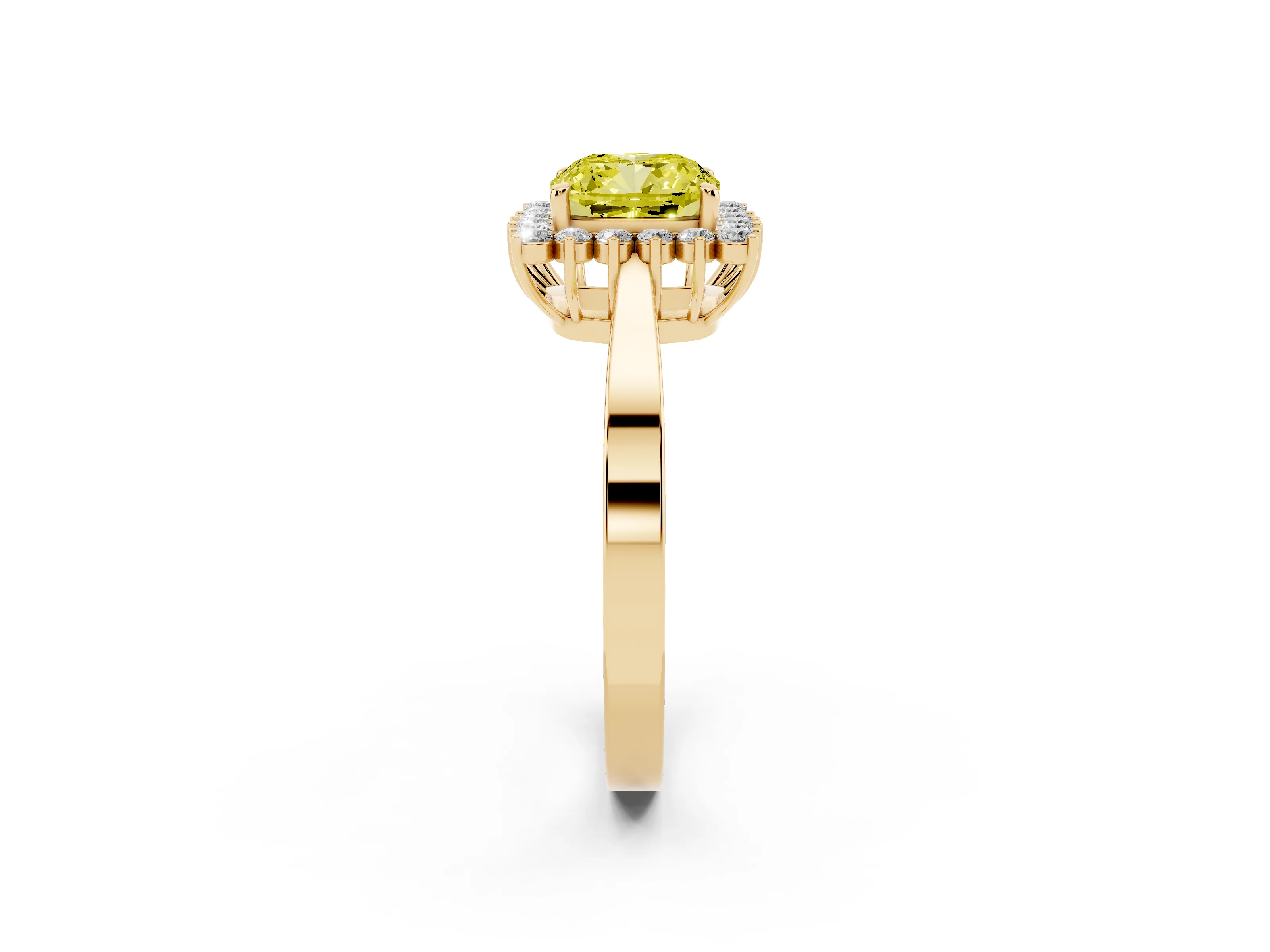 Fancy Yellow Cushion Cut Diamond Halo Ring Set in Yellow gold with Round Halo and Smooth Solitaire Band
