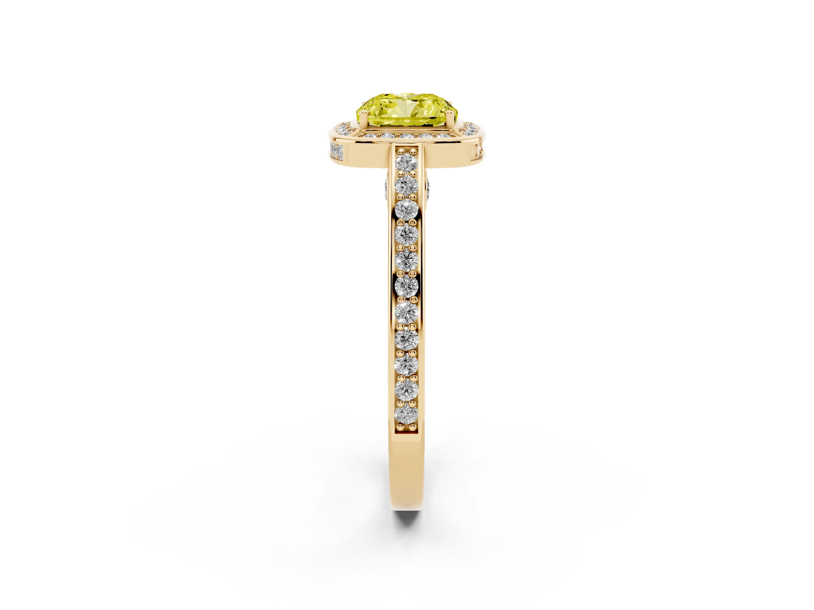 Fancy Yellow Cushion Cut Diamond Halo Pavé Split Shank Ring Set in Yellow gold with Prong Setting
