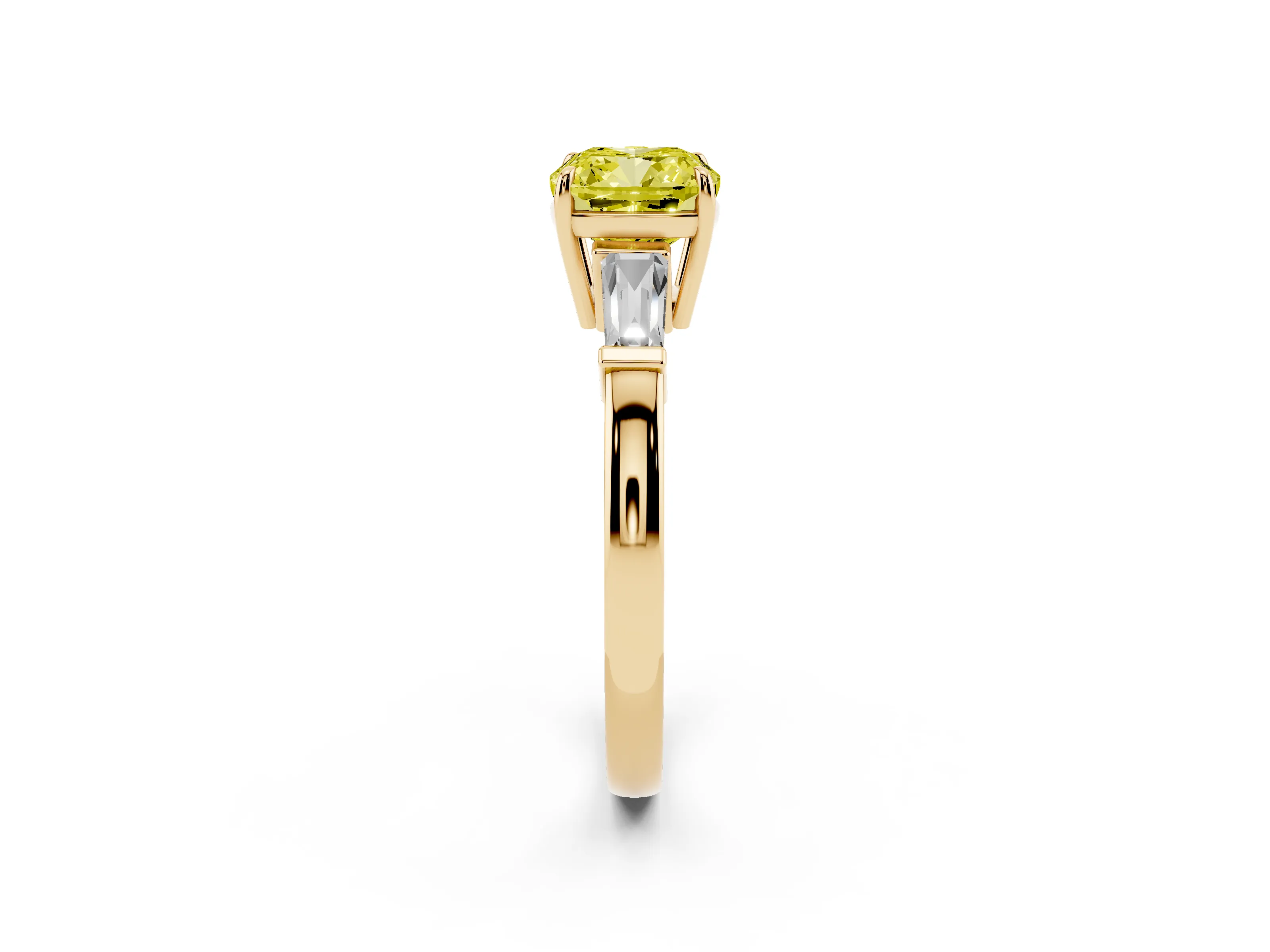 Fancy Yellow Cushion Cut Diamond Three-Stone Ring Set in Yellow gold with Tapered Baguette Side Stones and Prong Setting