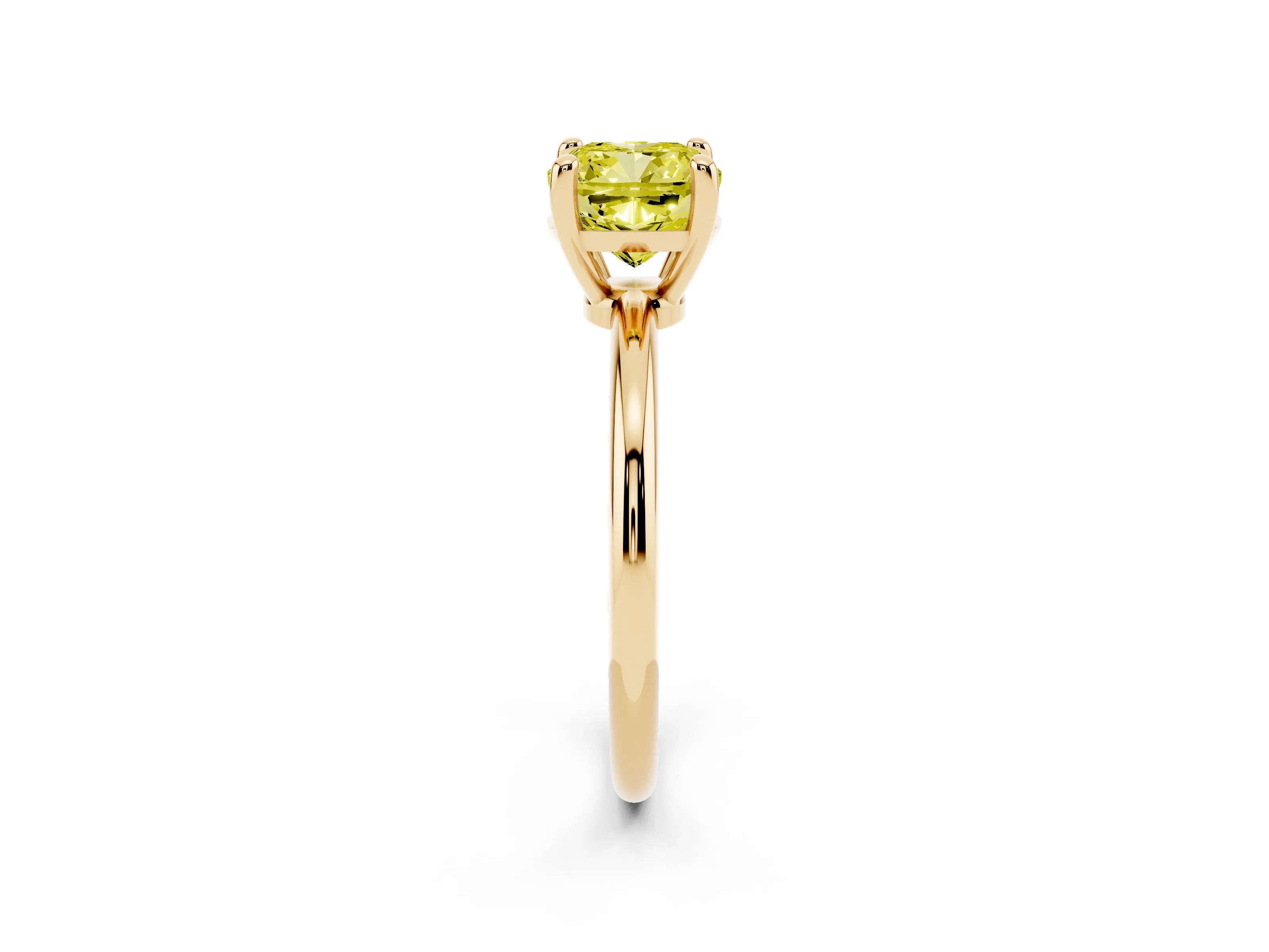 Fancy Yellow Cushion Cut Diamond Solitaire Ring Set in Yellow gold with Secure Prong Setting on a Classic Band