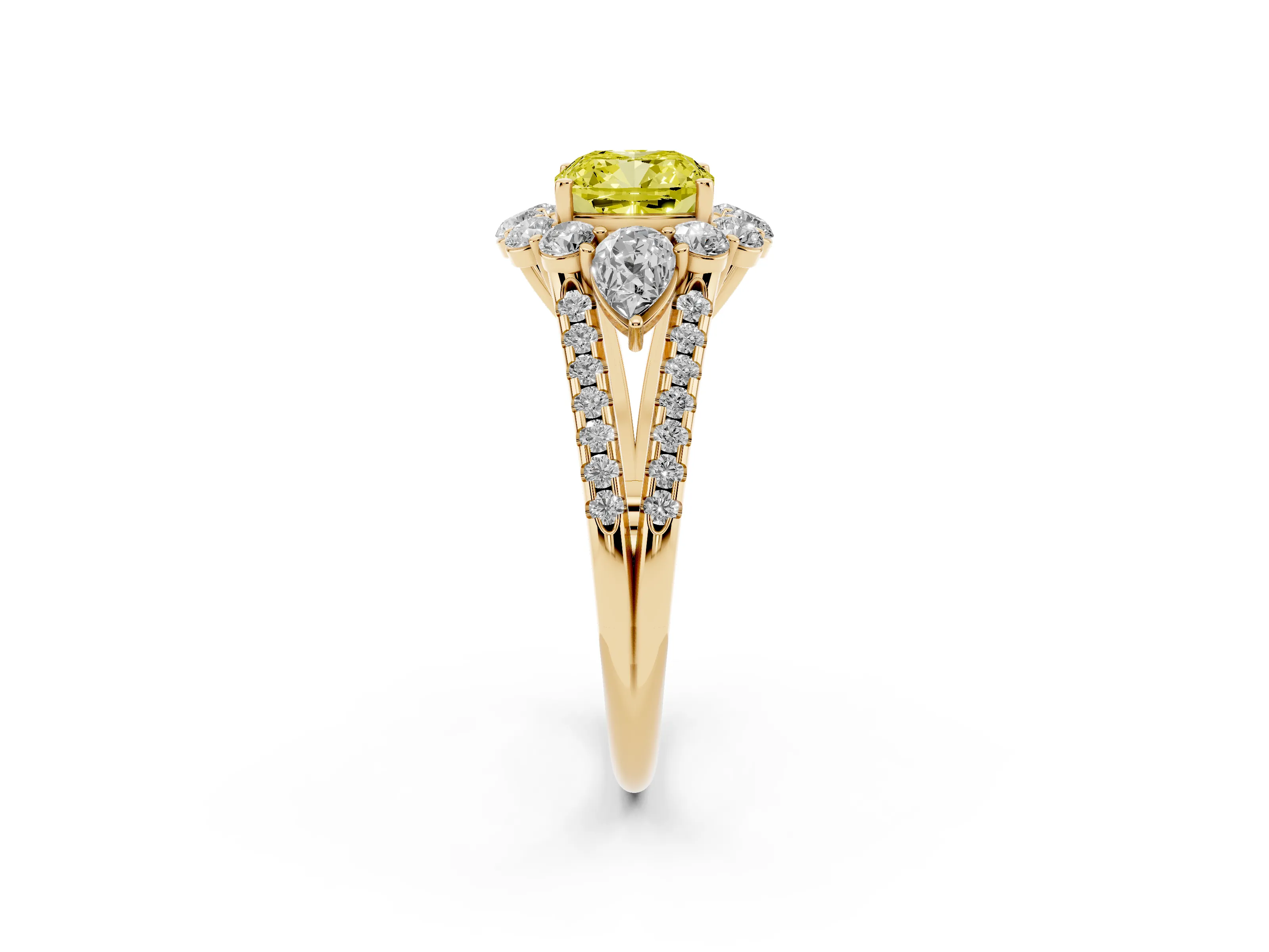 Fancy Yellow Cushion Cut Diamond Halo Split Shank Engagement Ring Set in Yellow gold with Prong-Held Center Stone