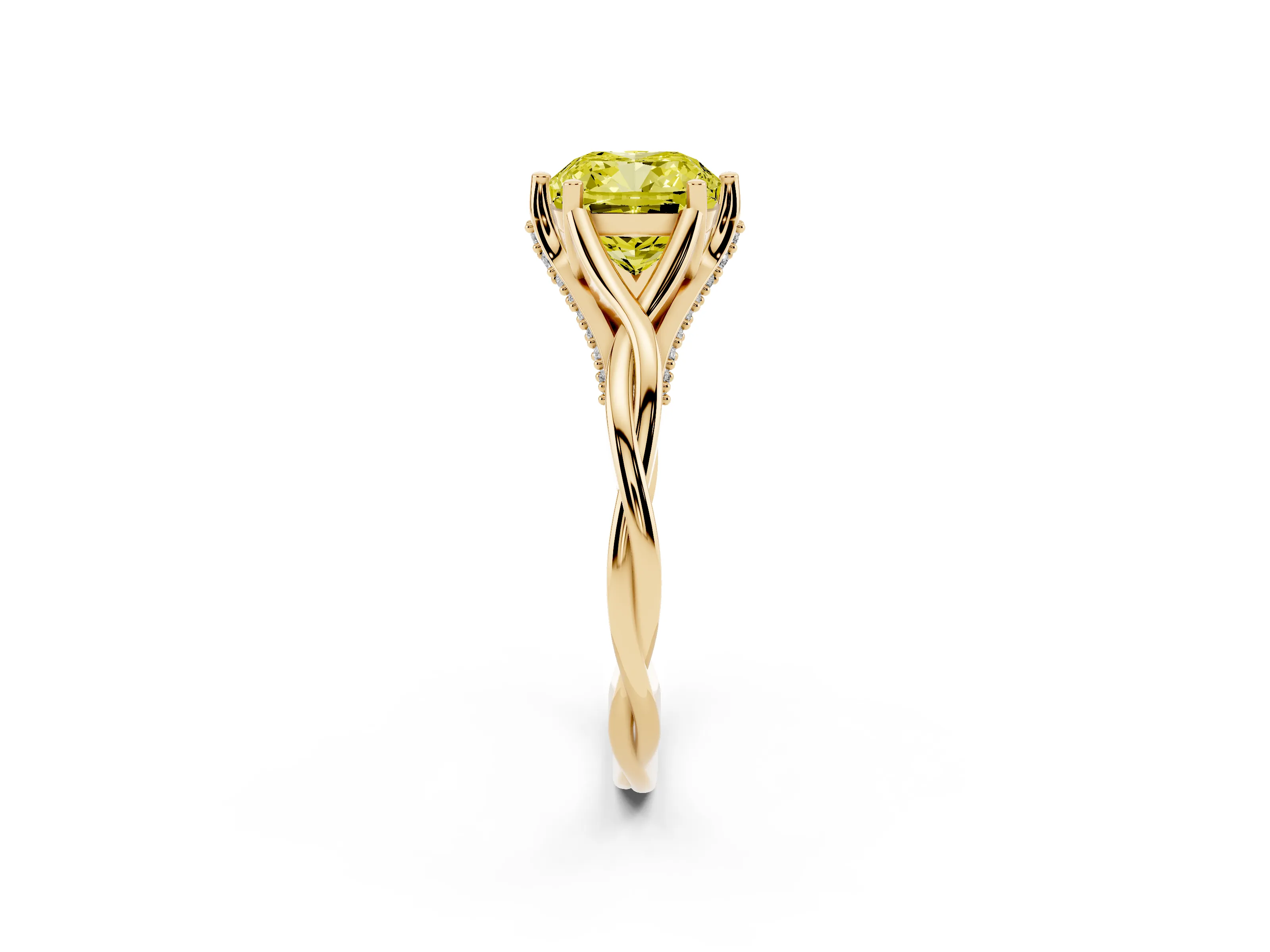 Fancy Yellow Cushion Cut Diamond Intertwined Twist Band Solitaire Ring Set in Yellow gold with Prong Setting