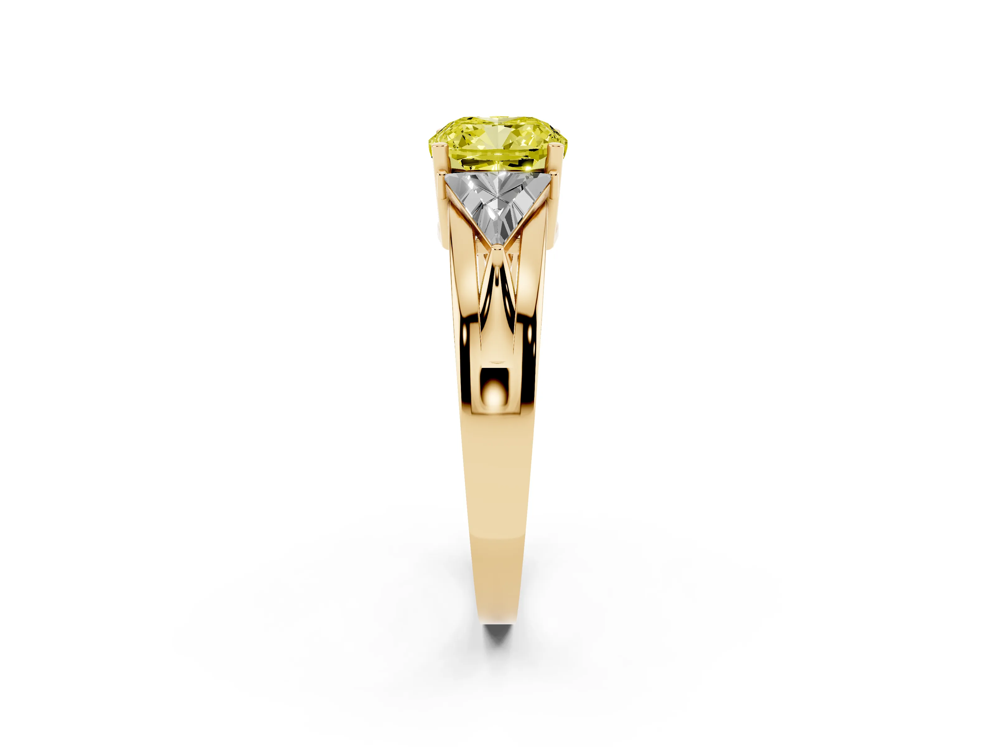 Fancy Yellow Cushion Cut Diamond Three-Stone Ring Set in Yellow gold with Trillion Side Stones and Split Shank