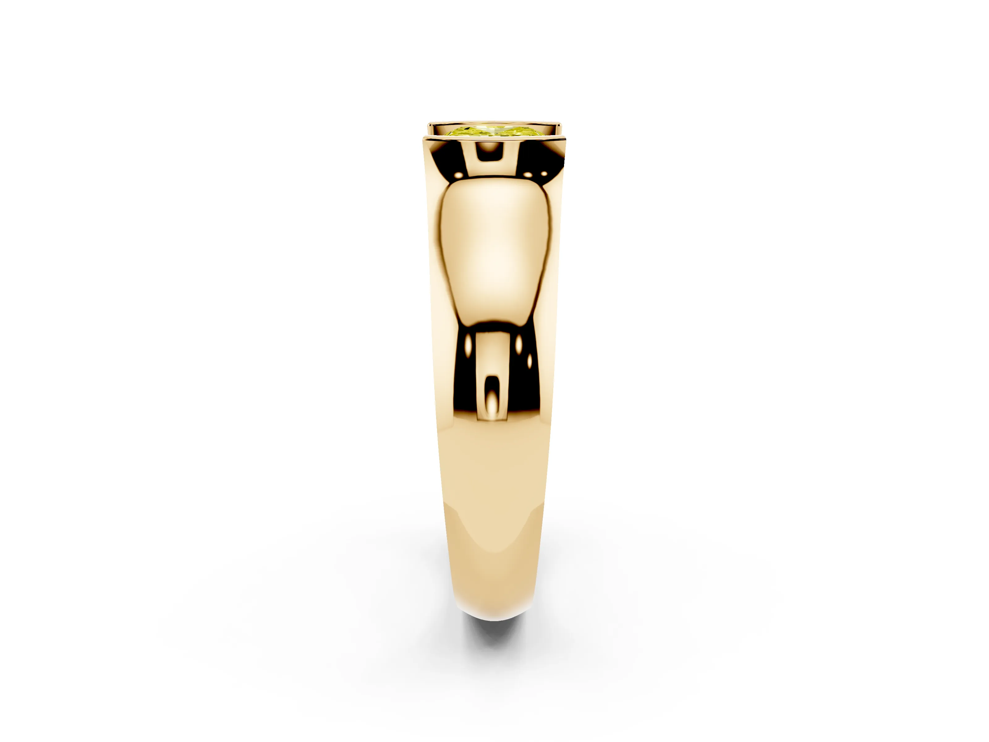 Fancy Yellow Cushion Cut Diamond Bezel Solitaire Ring Set in Yellow gold with Wide Band