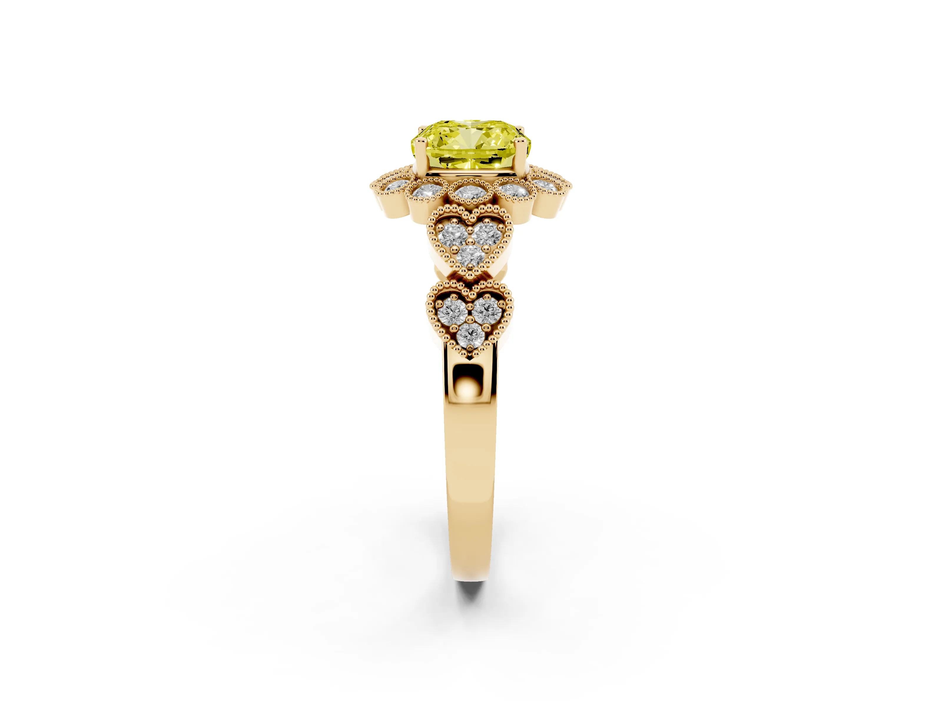 Fancy Yellow Cushion Cut Diamond Solitaire Ring Set in Yellow gold with Milgrain Pavé Heart Band