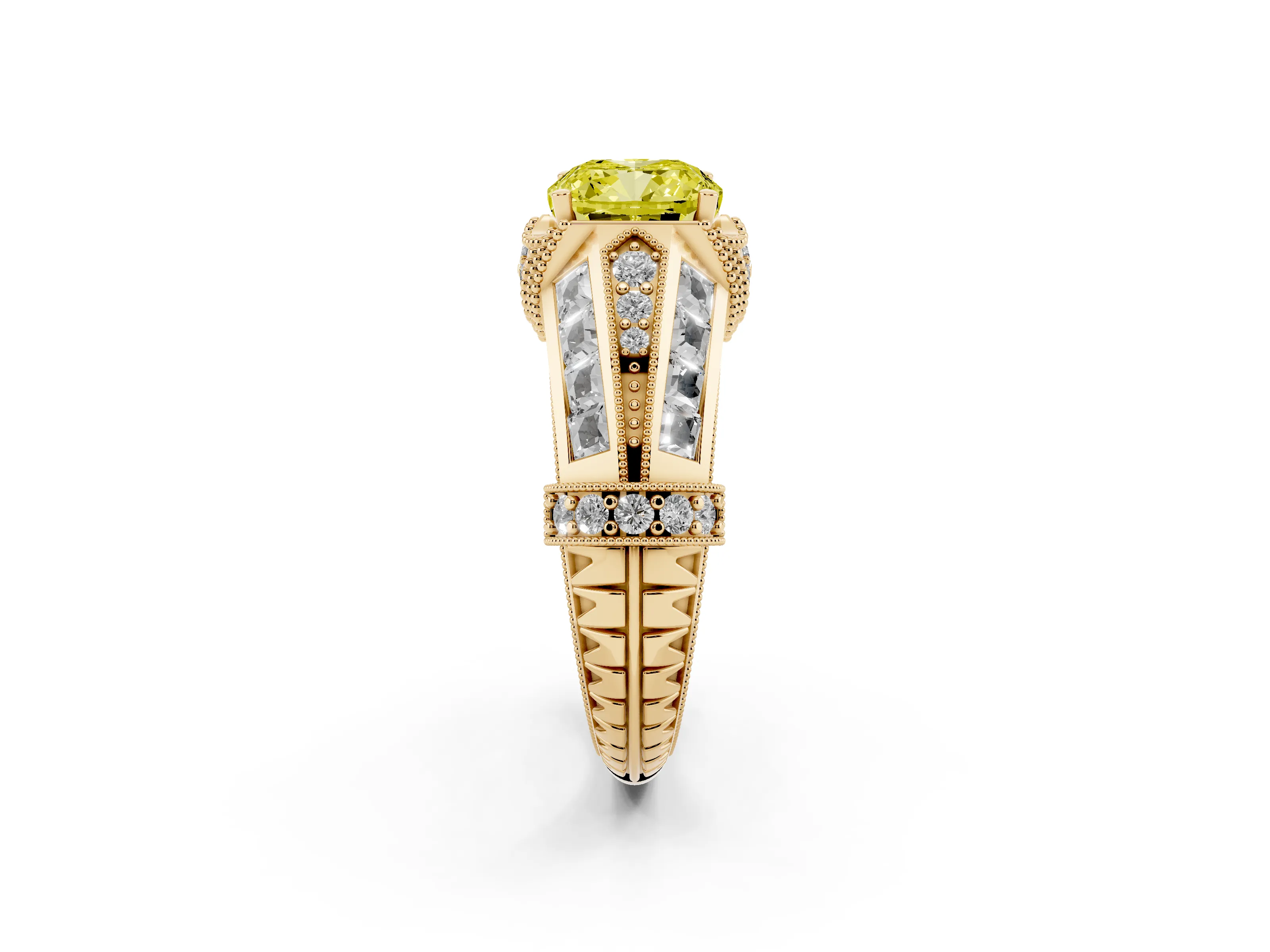 Fancy Yellow Cushion Cut Diamond Vintage-Inspired Milgrain Ring Set in Yellow gold with Accent Split Shank