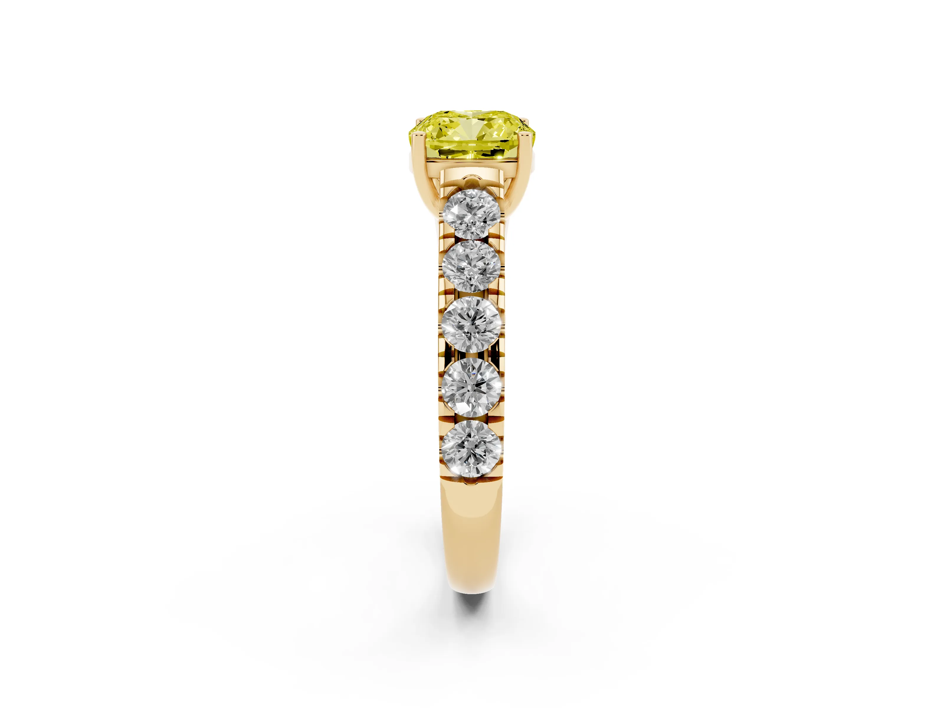 Fancy Yellow Cushion Cut Diamond Solitaire Ring Set in Yellow gold with Cut-Down Micro Pavé Band and Prong Setting