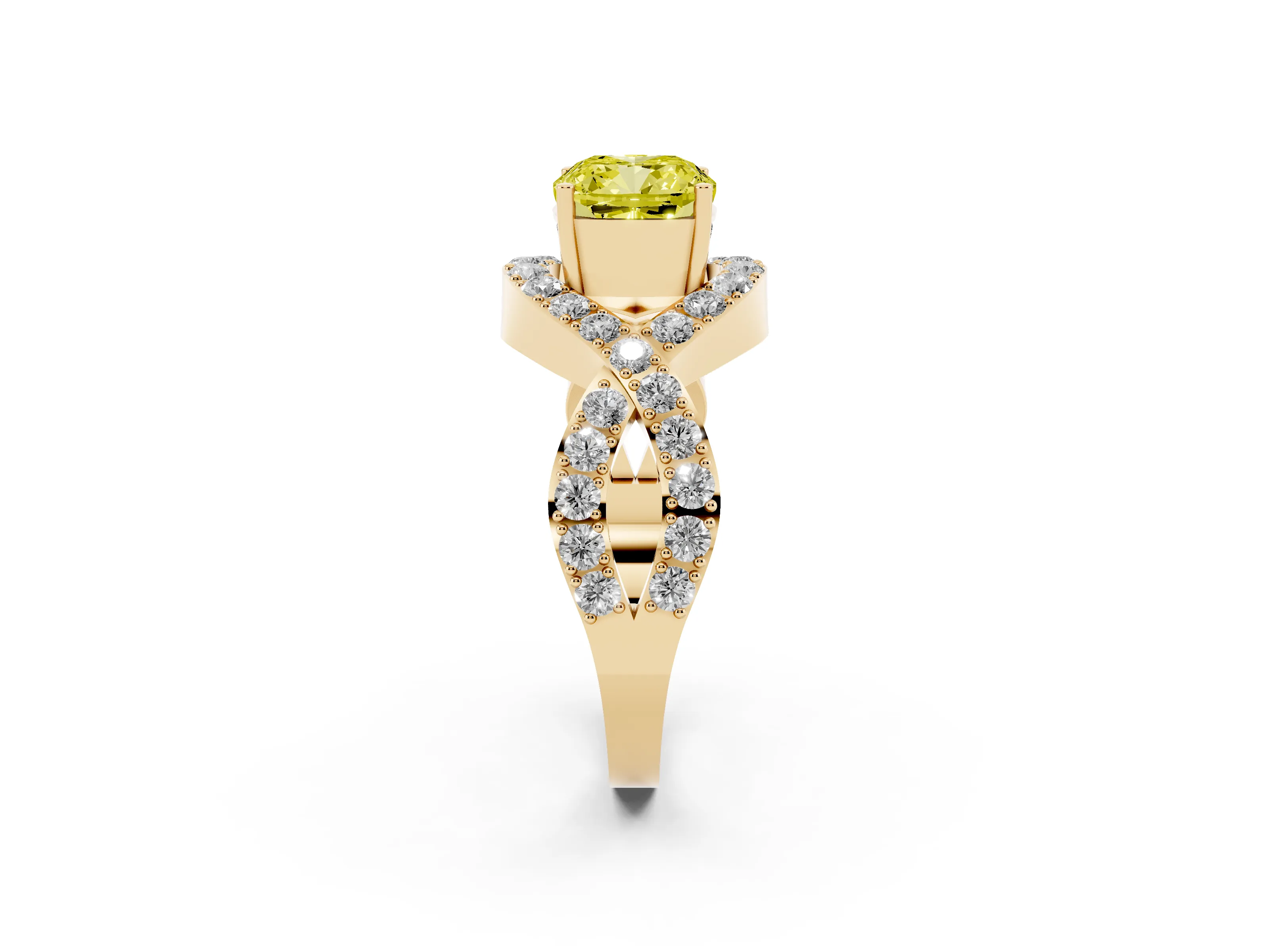 Fancy Yellow Cushion Cut Diamond Solitaire Twist Band Pavé Engagement Ring Set in Yellow gold
