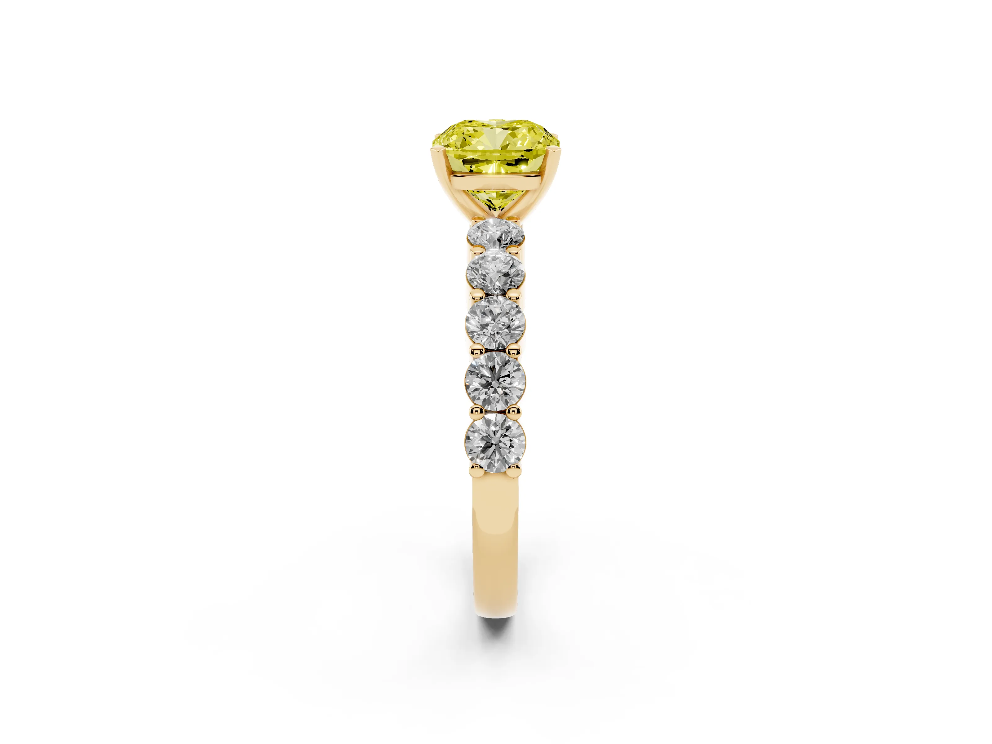 Fancy Yellow Cushion Cut Diamond Solitaire Ring Set in Yellow gold with Shared Prong Round Side Stones
