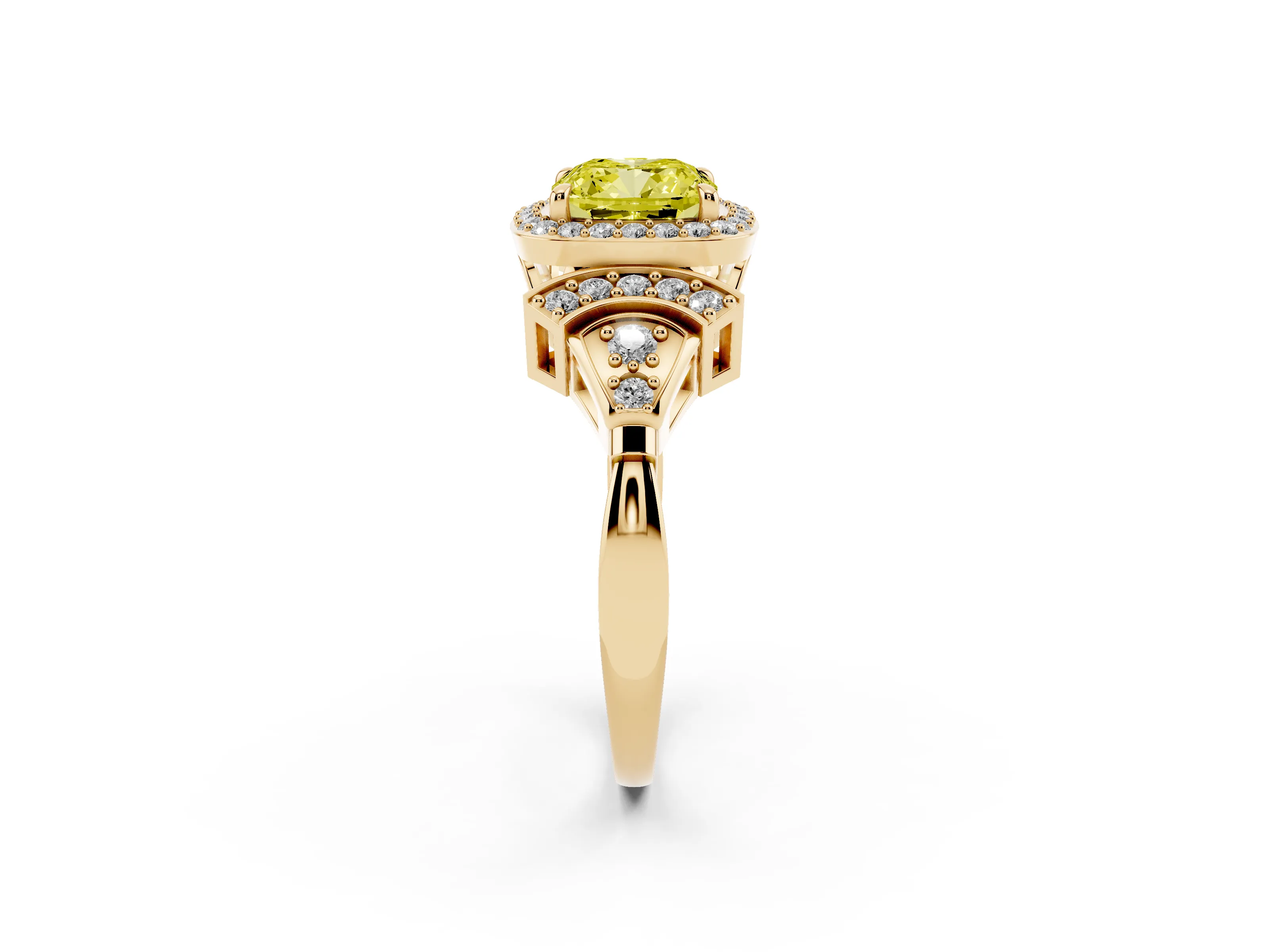 Fancy Yellow Cushion Cut Diamond Halo Engagement Ring Set in Yellow gold with Accent Stone Split Shank