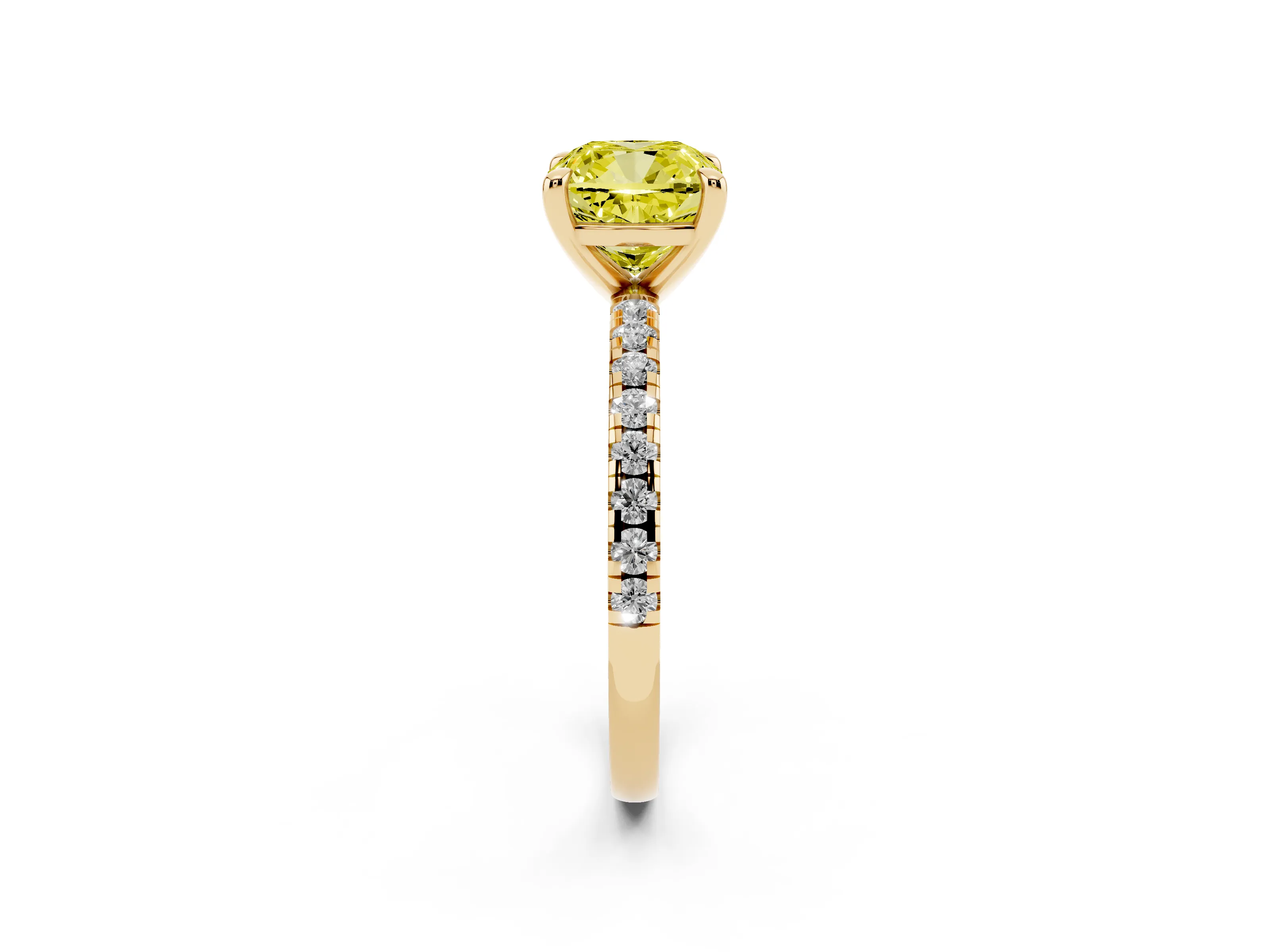 Fancy Yellow Cushion Cut Diamond Brilliant Solitaire Ring Set in Yellow gold with Pavé Band and Prong Setting