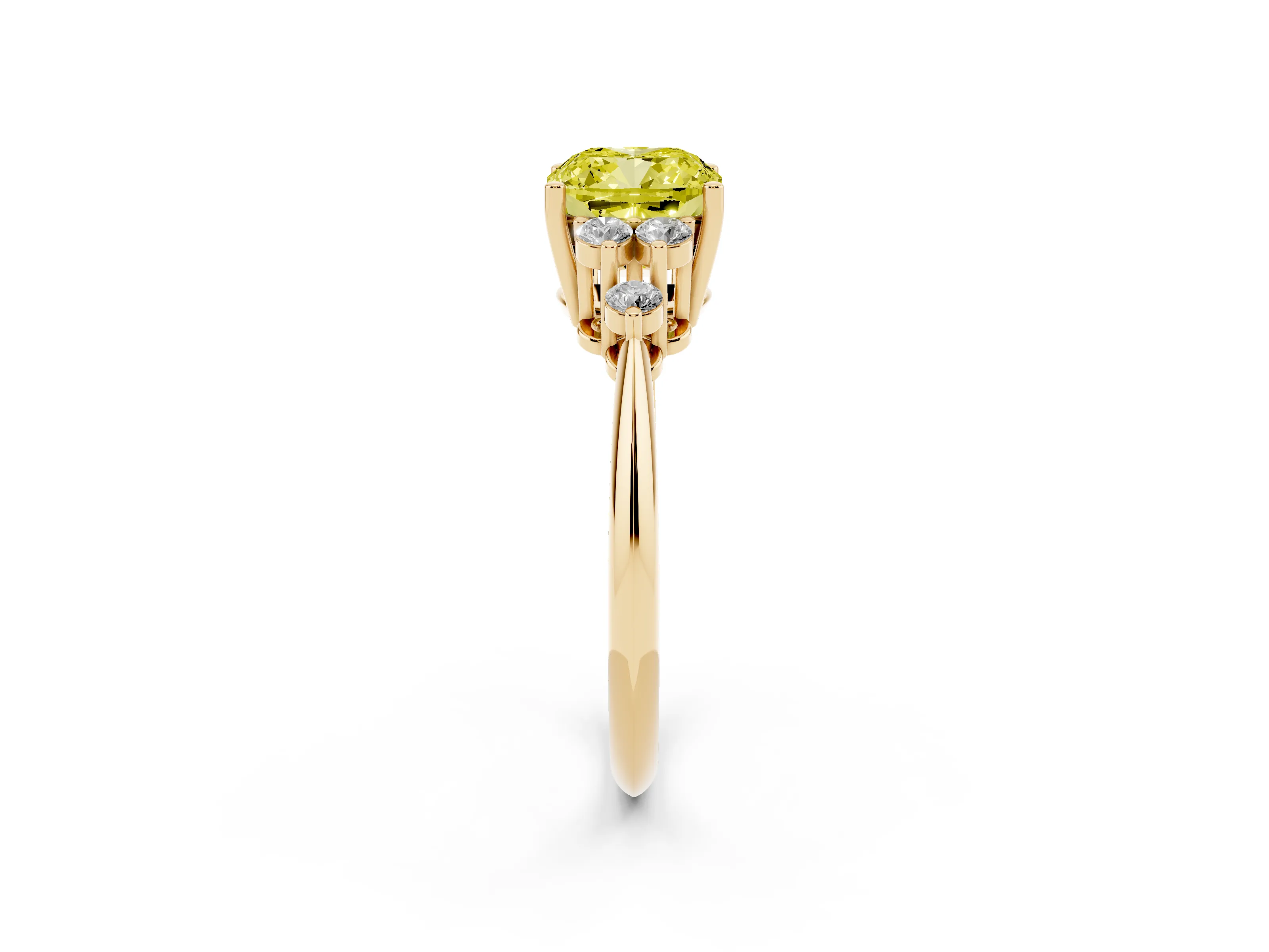 Fancy Yellow Cushion Cut Diamond Cluster Ring Set in Yellow gold with Plain Band and Prong Setting