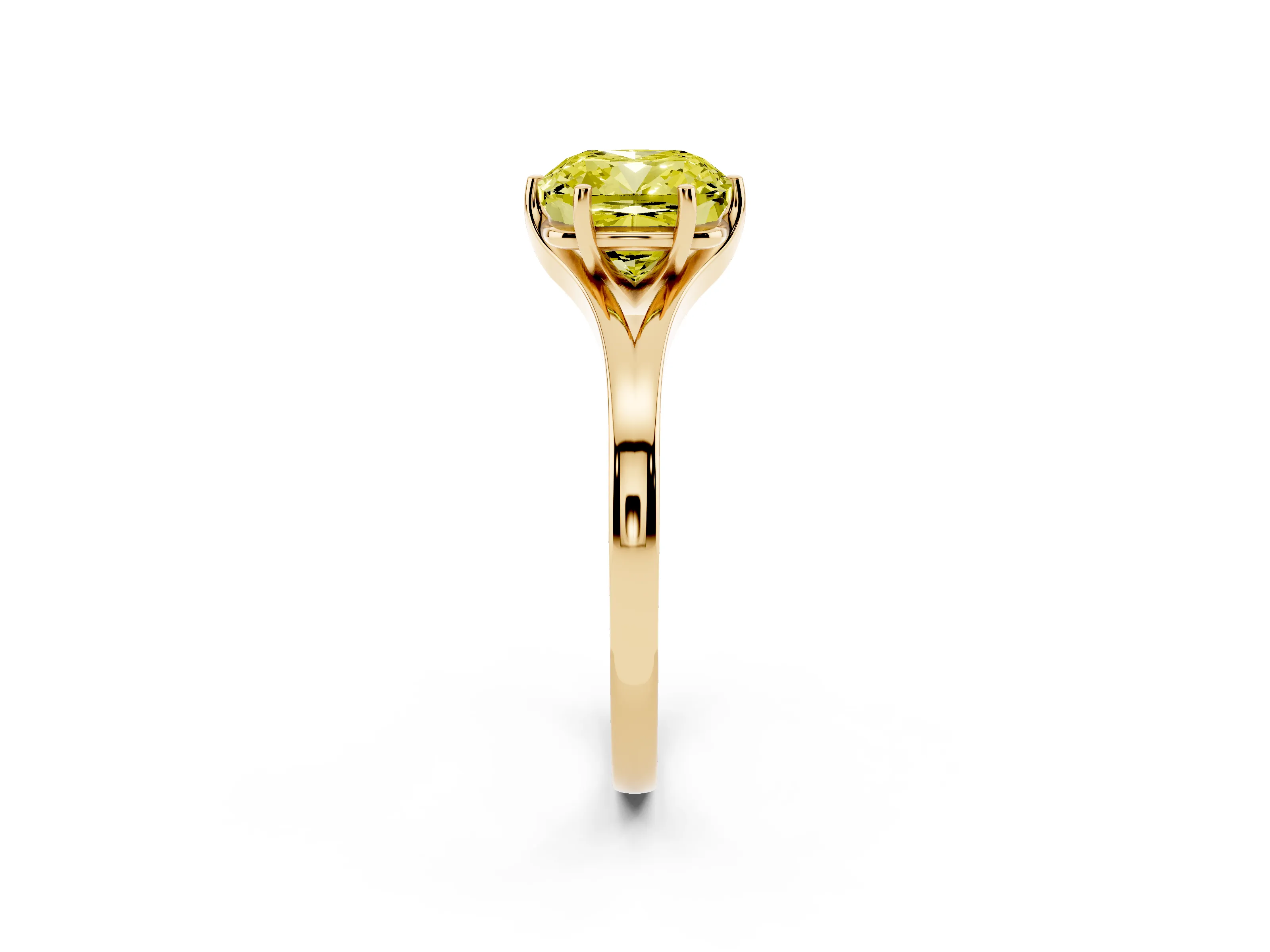 Fancy Yellow Cushion Cut Diamond Solitaire Ring Set in Yellow gold with Polished Tapered Band and Prong Setting