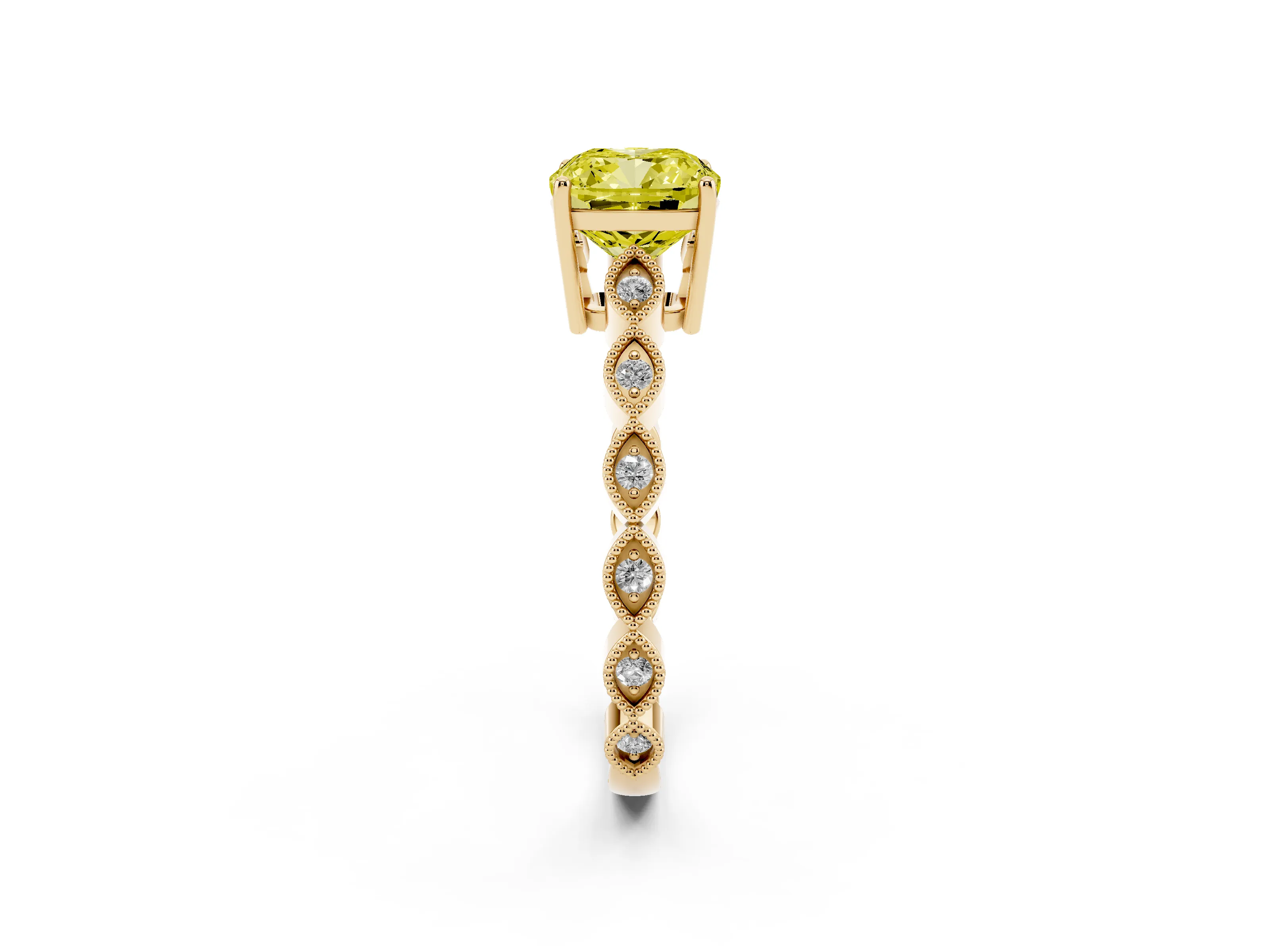 Fancy Yellow Cushion Cut Diamond Solitaire Ring Set in Yellow gold with Infinity Twist Pavé Band