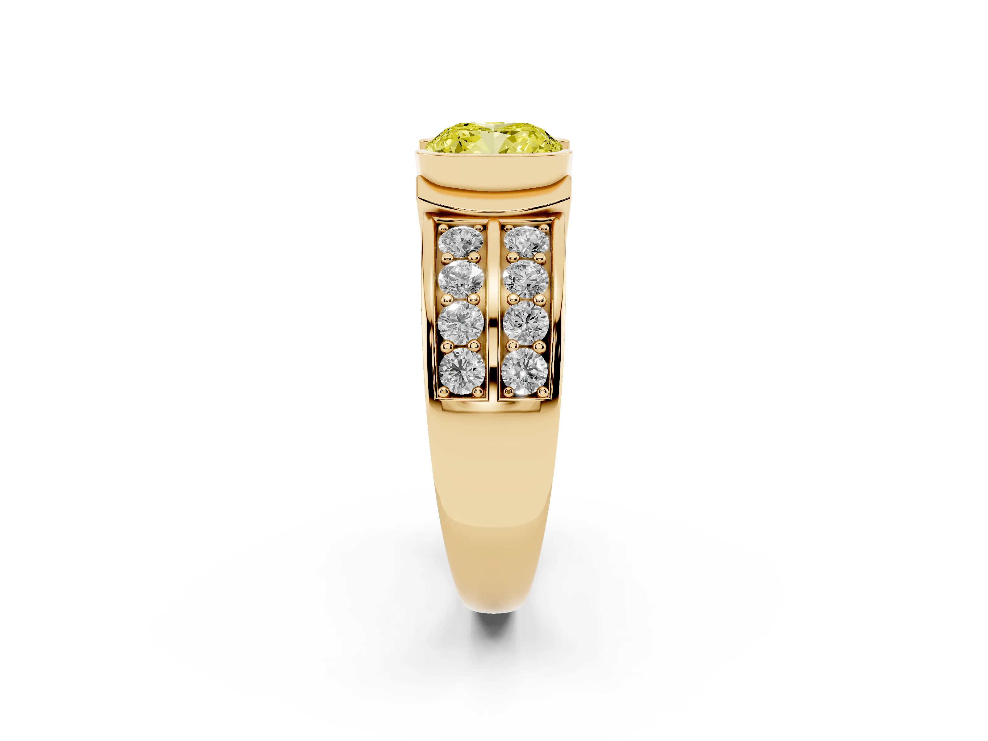 Fancy Yellow Cushion Cut Diamond Wide Channel Set Band Ring Set in Yellow gold with Bezel Setting