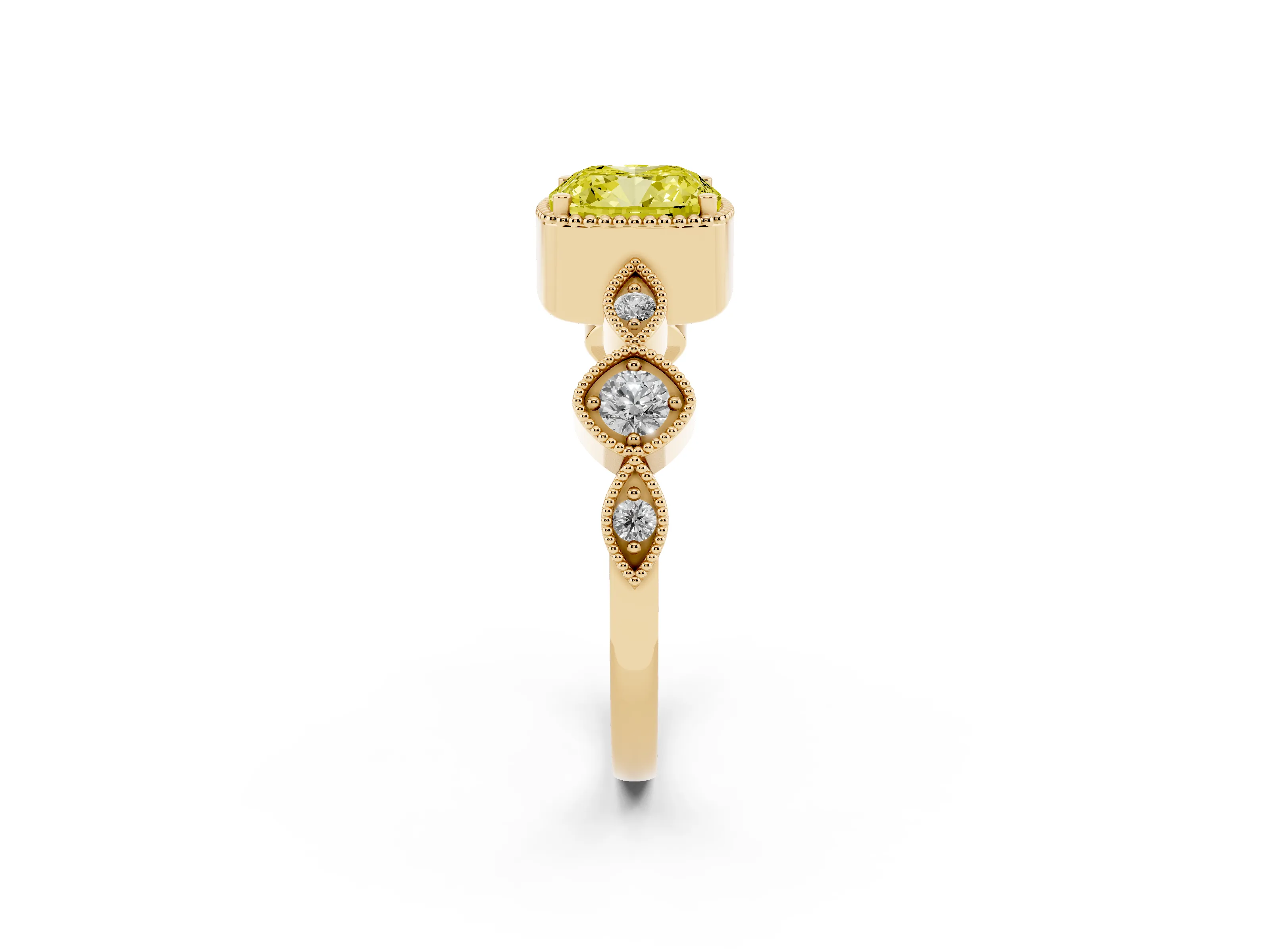 Fancy Yellow Cushion Cut Diamond Vintage-Inspired Milgrain Ring Set in Yellow gold with Marquise Stations of Round Accents