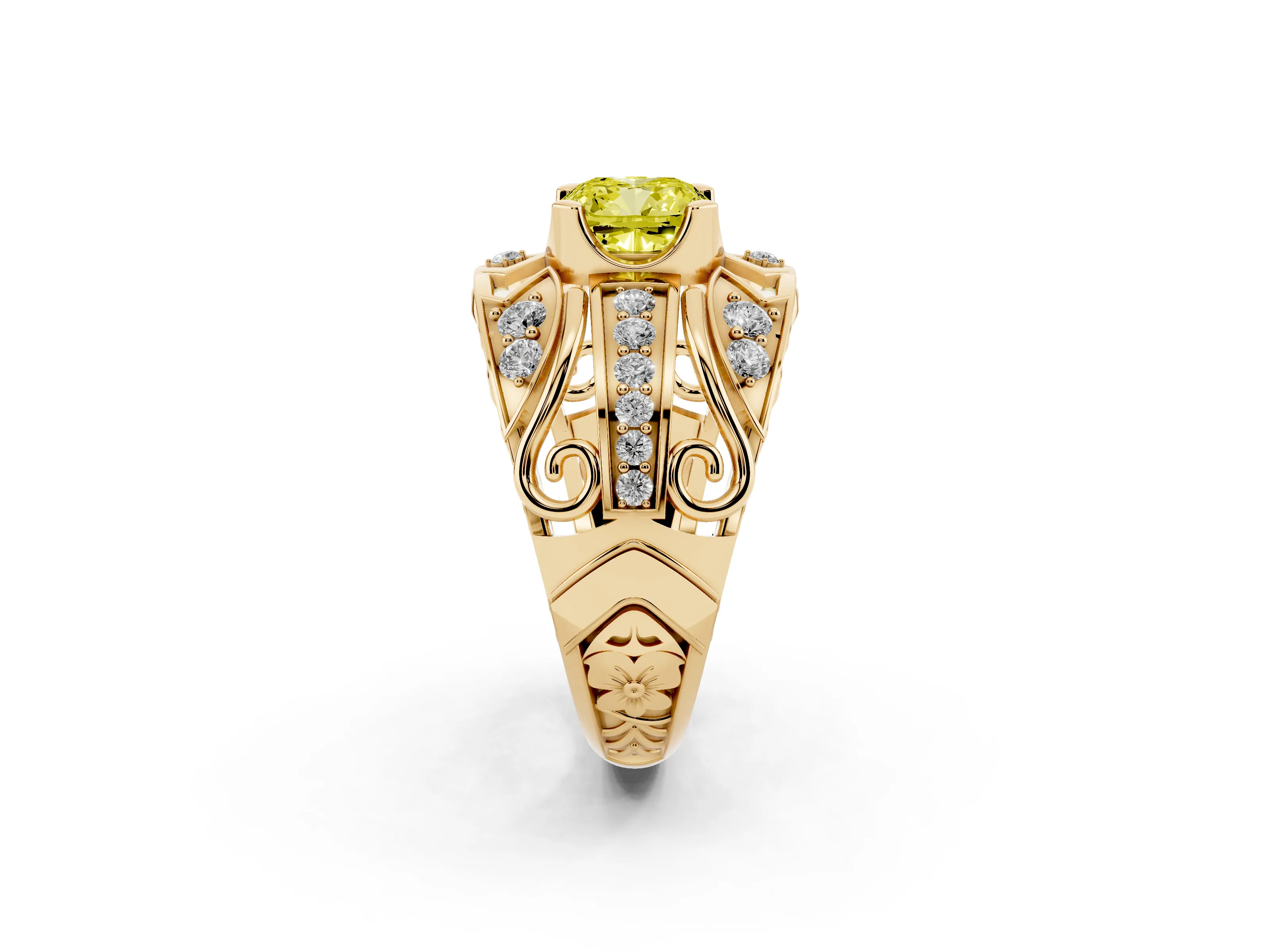 Fancy Yellow Cushion Cut Diamond Art Deco Ring Set in Yellow gold with Pavé Split Shank