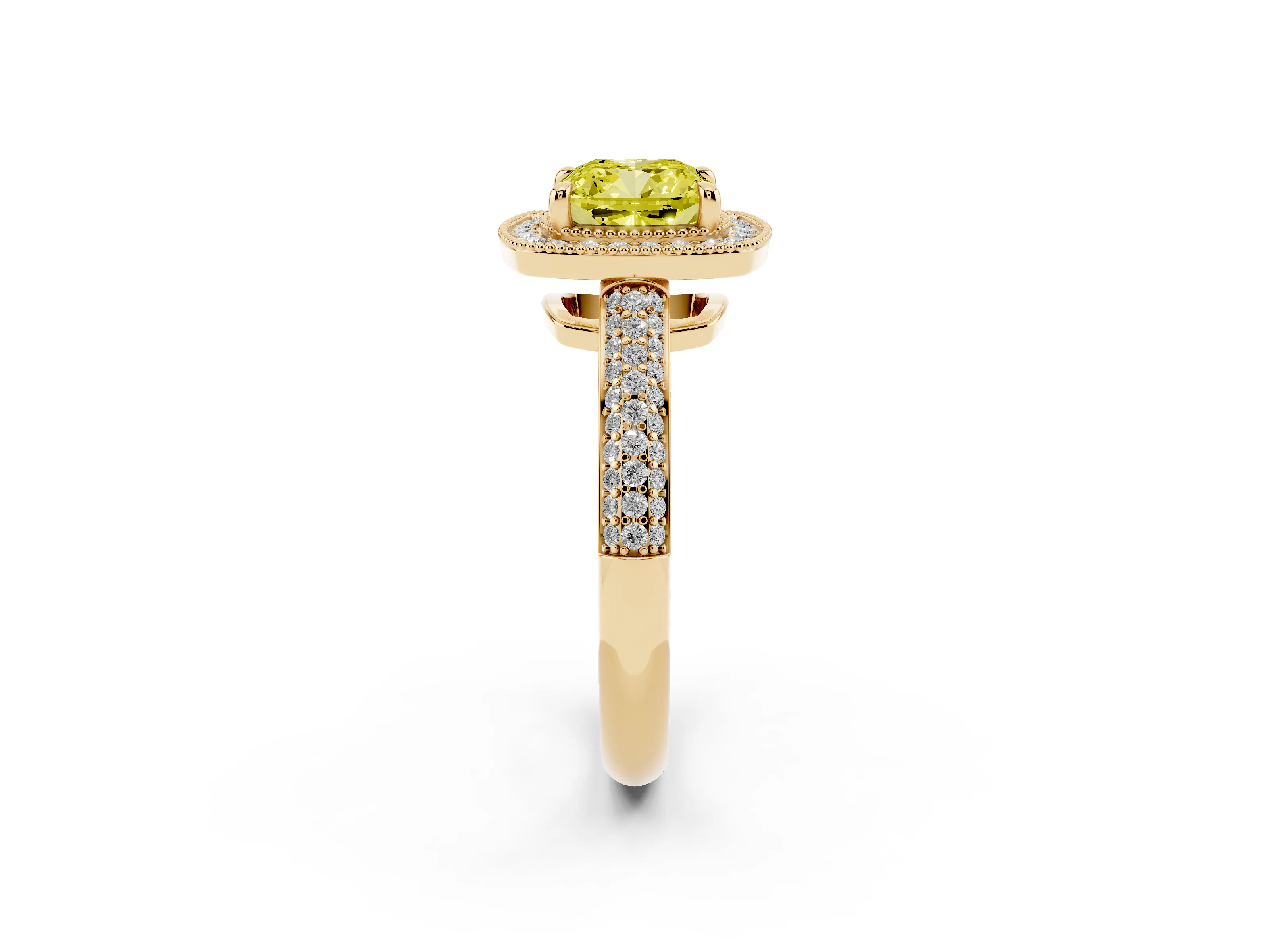 Fancy Yellow Cushion Cut Diamond Halo Pavé Band Set in Yellow gold with Prong Setting