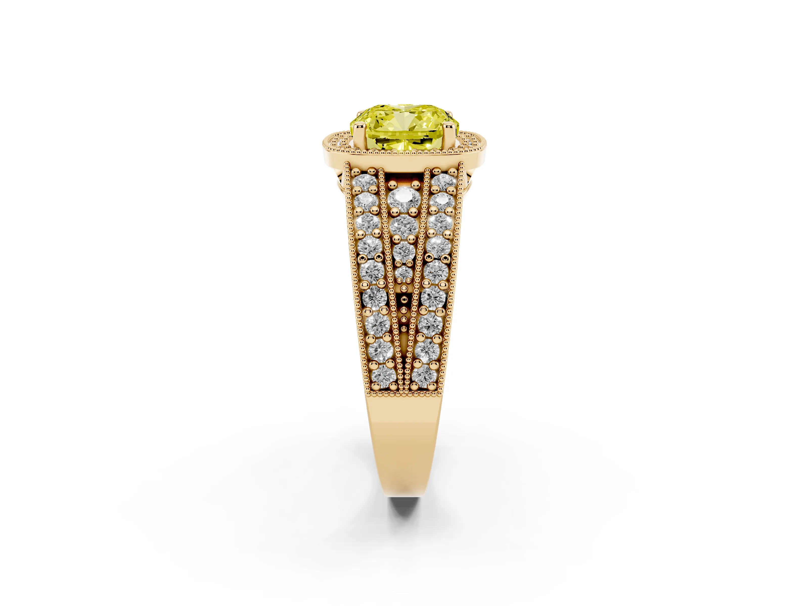 Fancy Yellow Cushion Cut Diamond Halo Ring Set in Yellow gold with Accent Split Shank and Prong Setting