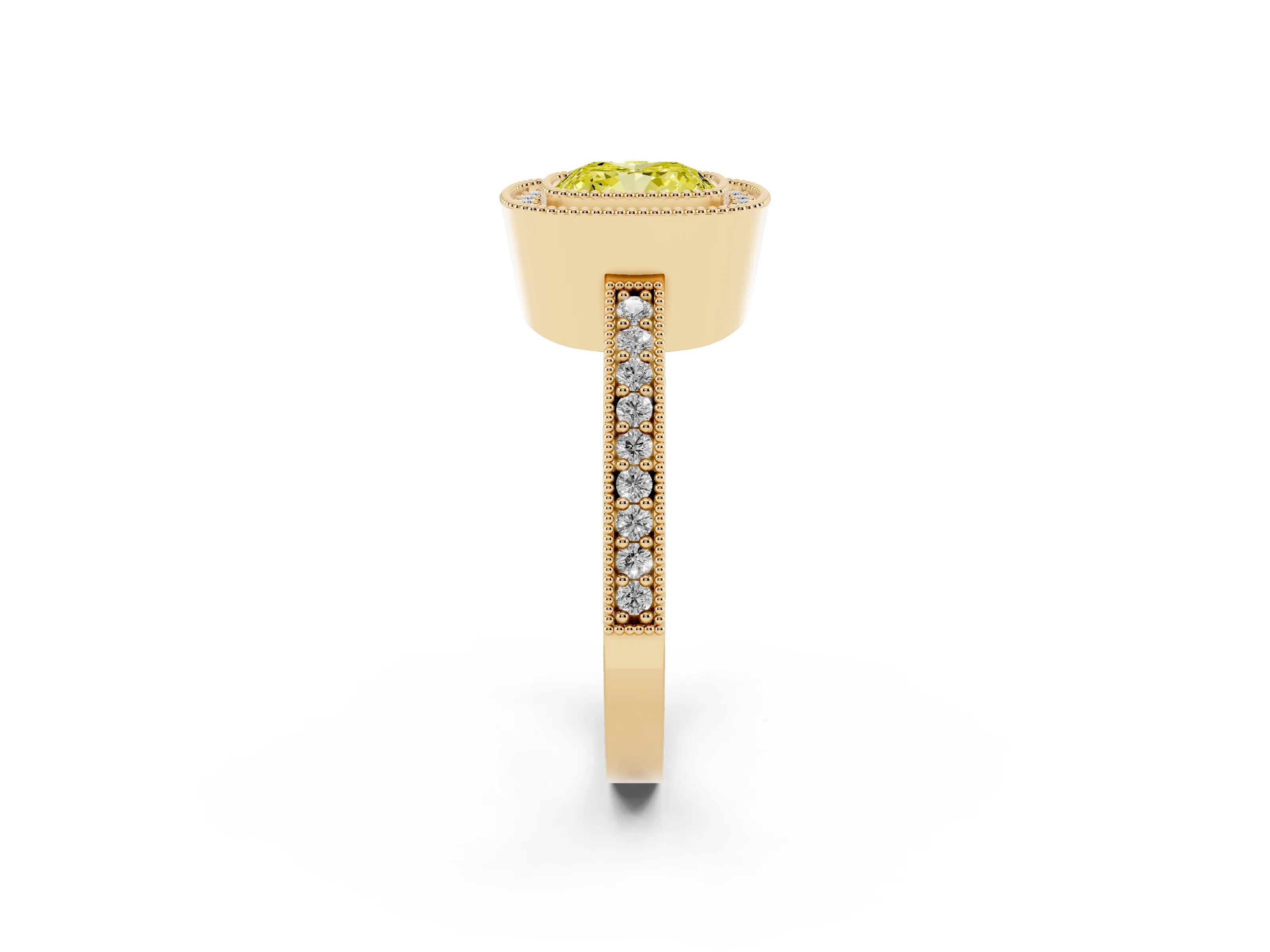 Fancy Yellow Cushion Cut Diamond Halo Engagement Ring Set in Yellow gold with Pavé Band and Round Halo Stones