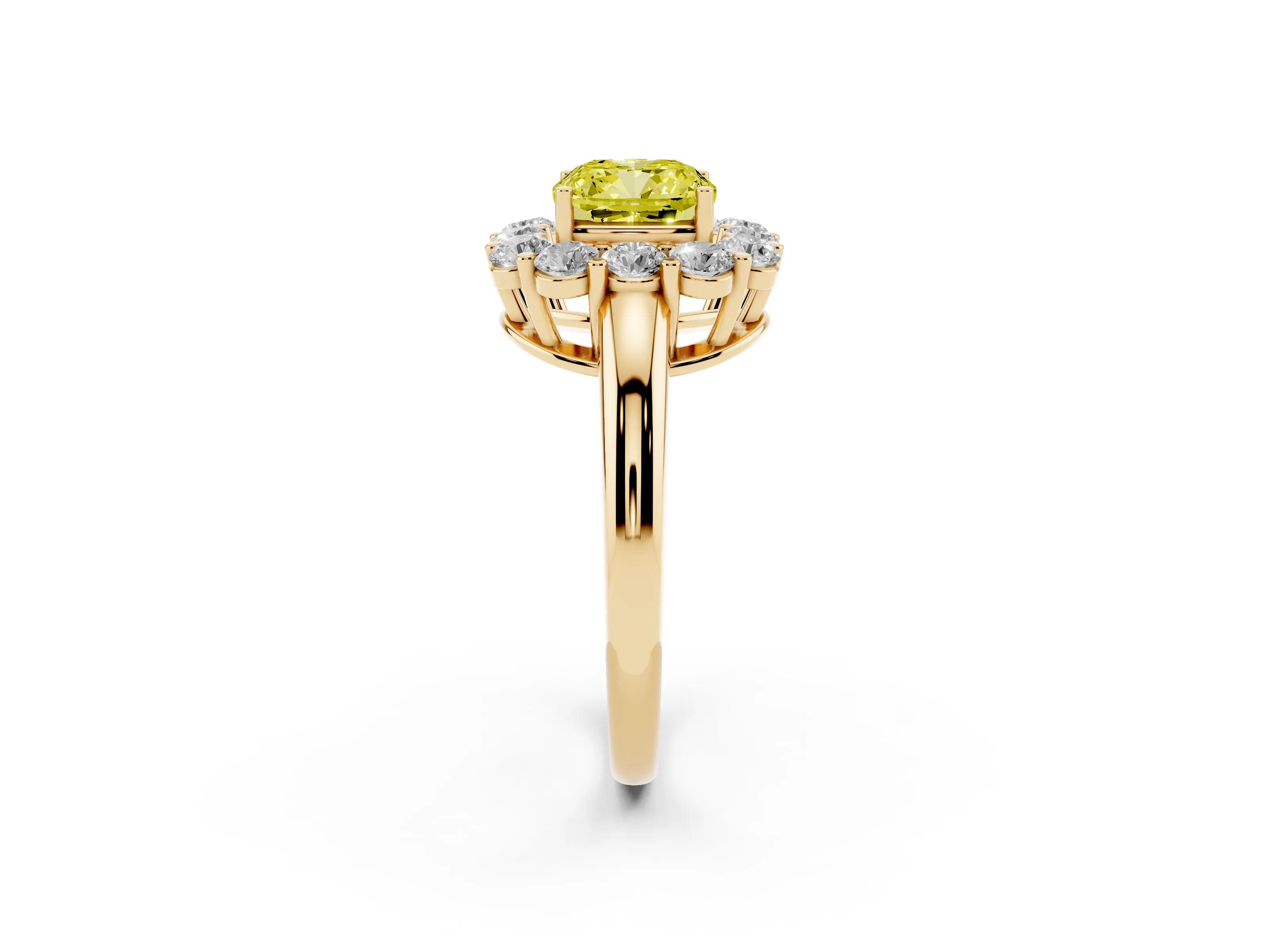 Fancy Yellow Cushion Cut Diamond Halo Cluster Engagement Ring Set in Yellow gold with Polished Band and Prong Setting