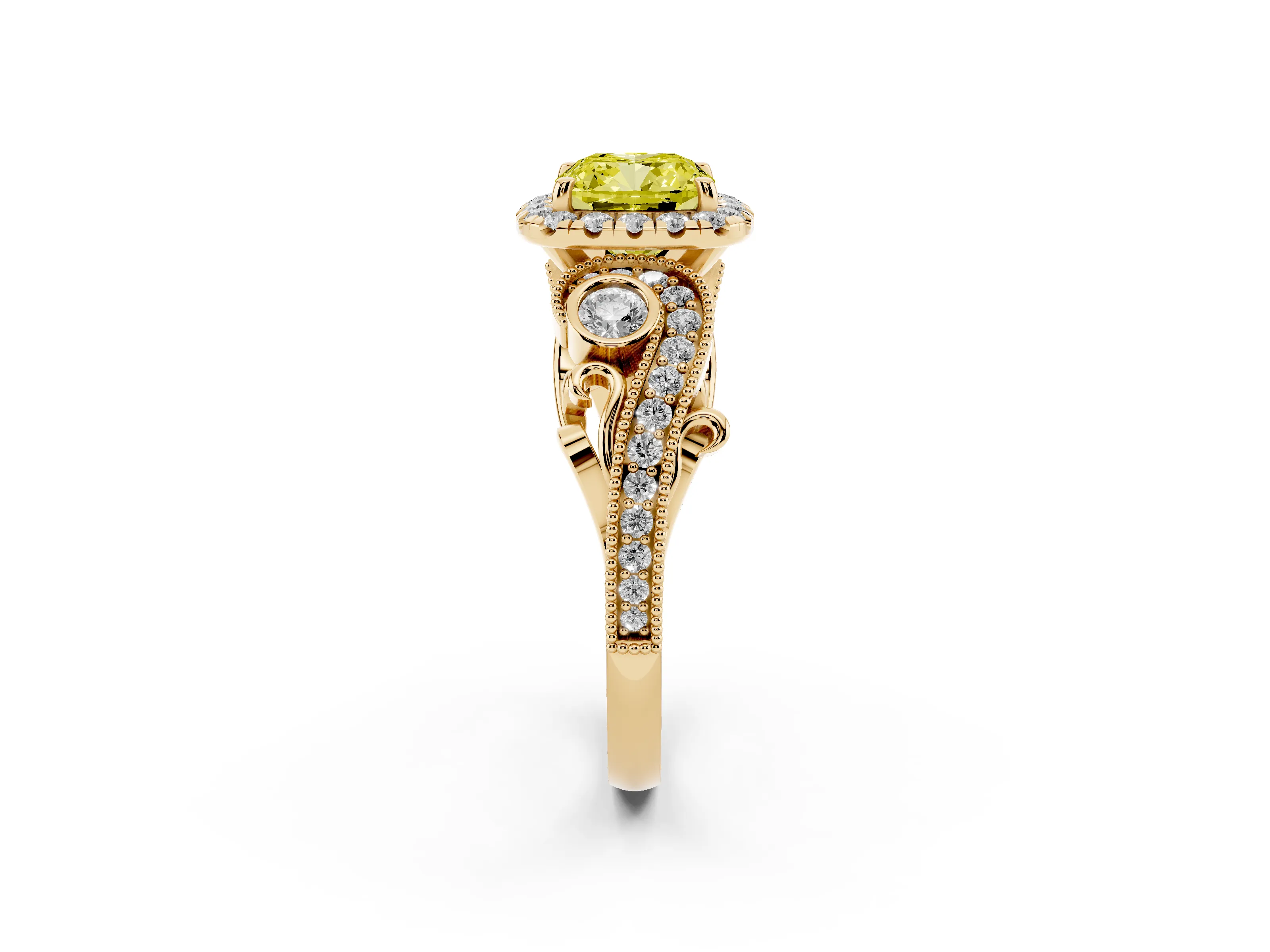 Fancy Yellow Cushion Cut Diamond Halo Ring Set in Yellow gold with Milgrain Pavé Band and Prong Setting
