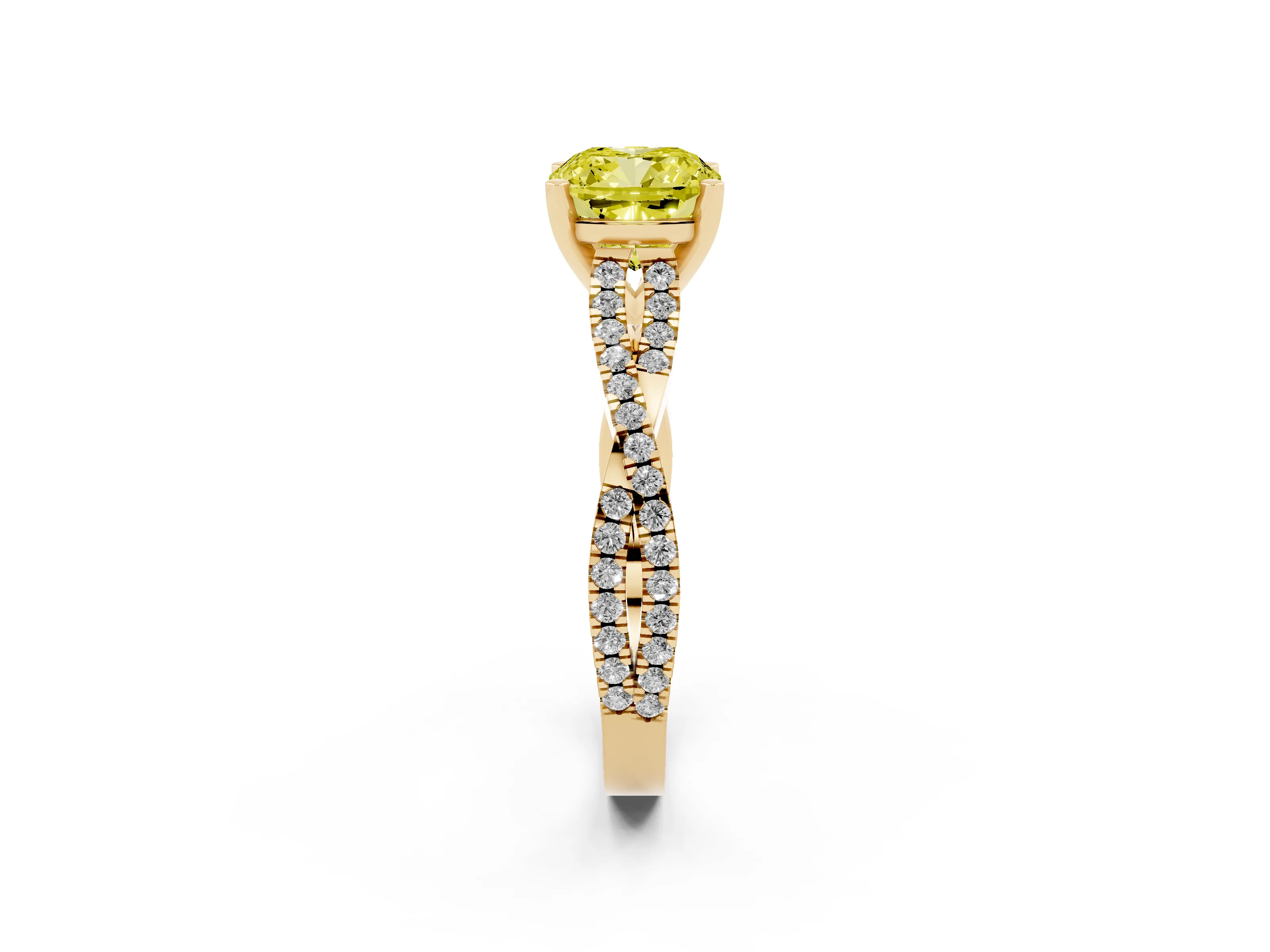 Fancy Yellow Cushion Cut Diamond Solitaire Engagement Ring Set in Yellow gold with Twisted Pavé Band and Prong Setting