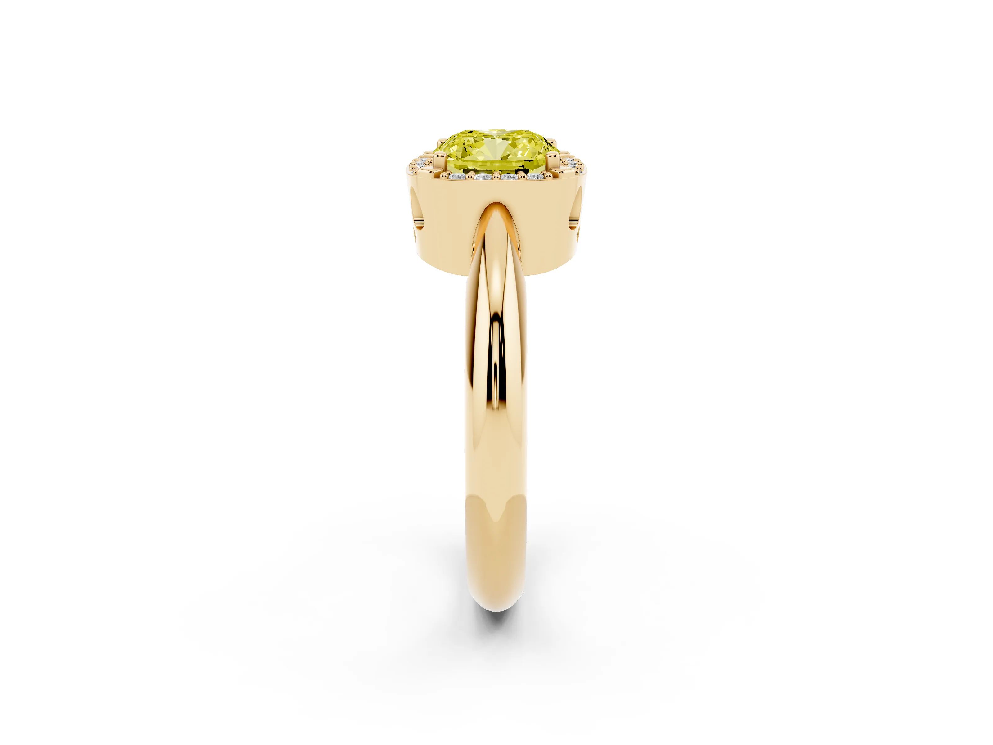 Fancy Yellow Cushion Cut Diamond Halo Engagement Ring Set in Yellow gold with Plain Split Shank and Prong Setting