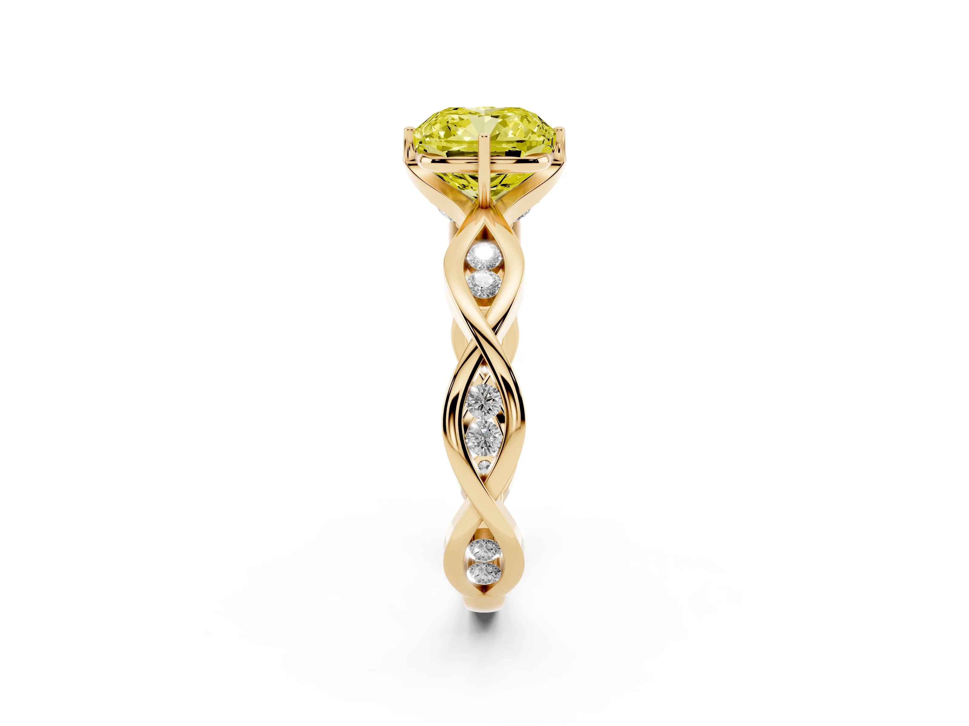 Fancy Yellow Cushion Cut Diamond Twist Band Solitaire Ring Set in Yellow gold with Leaf Prong Setting and Accent Stones