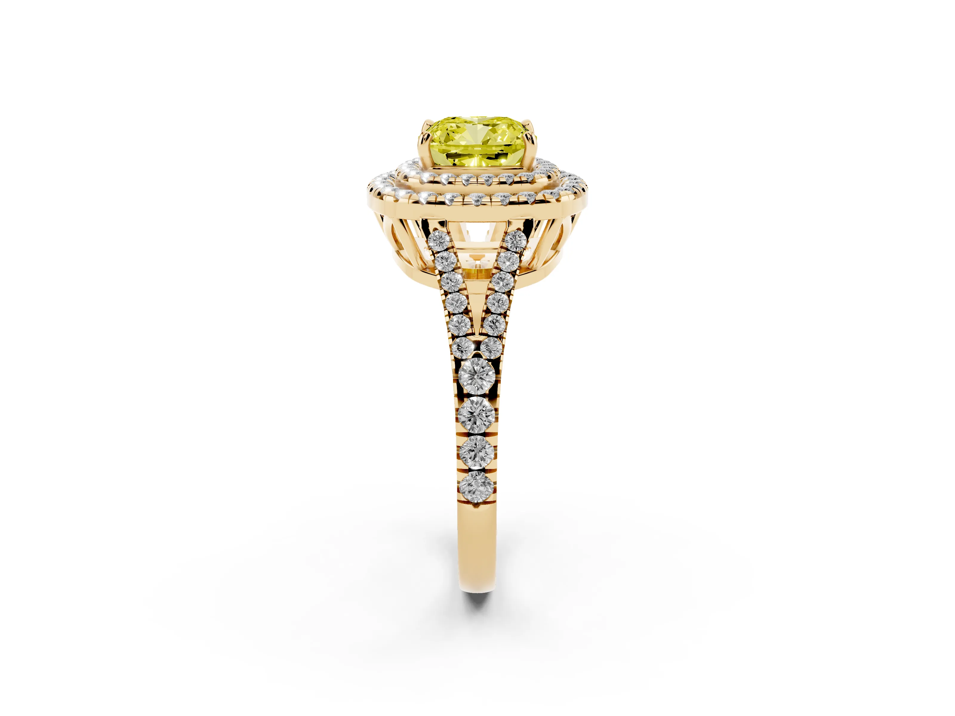 Fancy Yellow Cushion Cut Diamond Double Halo Ring Set in Yellow gold with Pavé Band