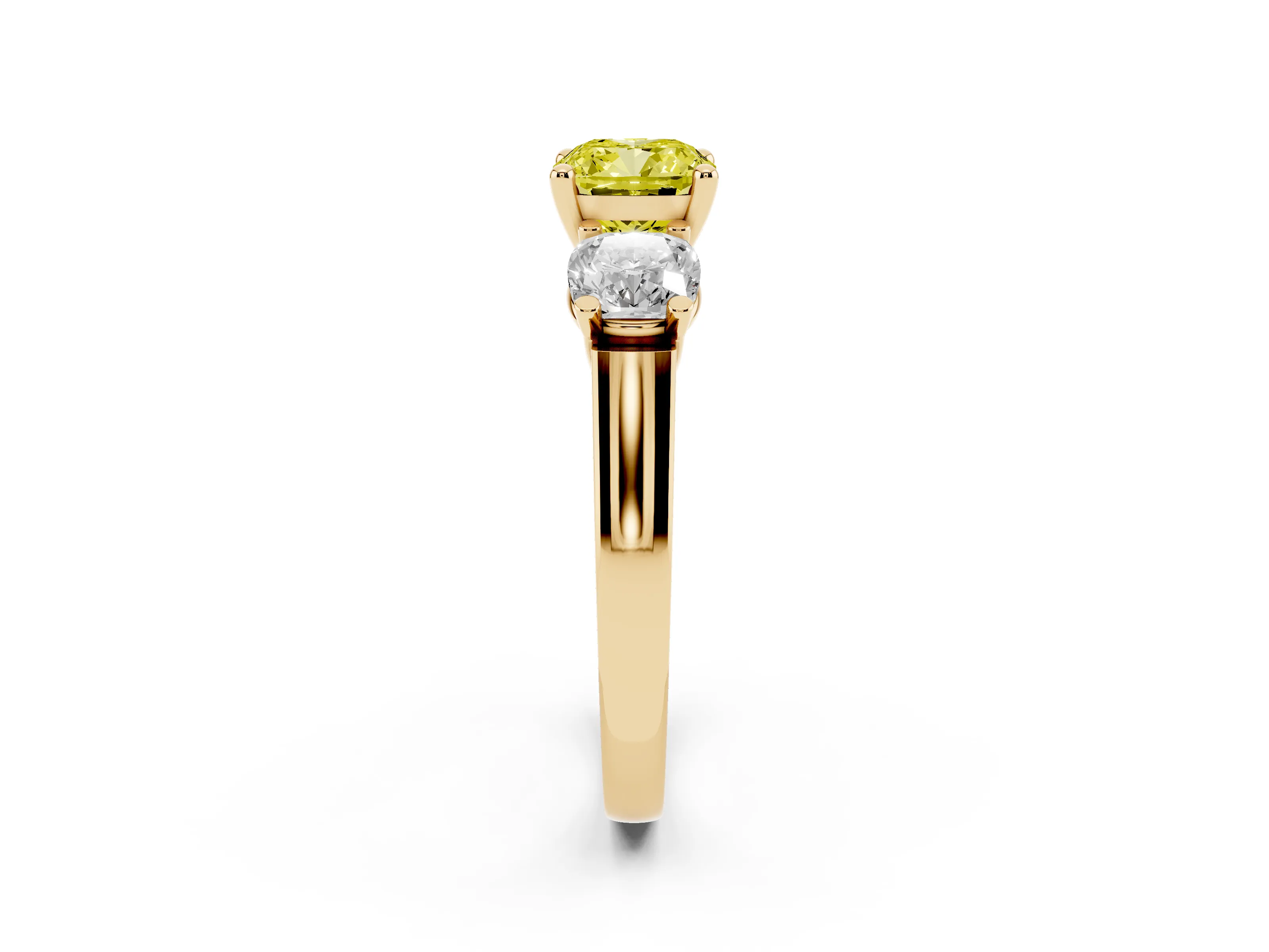 Fancy Yellow Cushion Cut Diamond Three-Stone Trellis Ring Set in Yellow gold with Comfort Fit Band